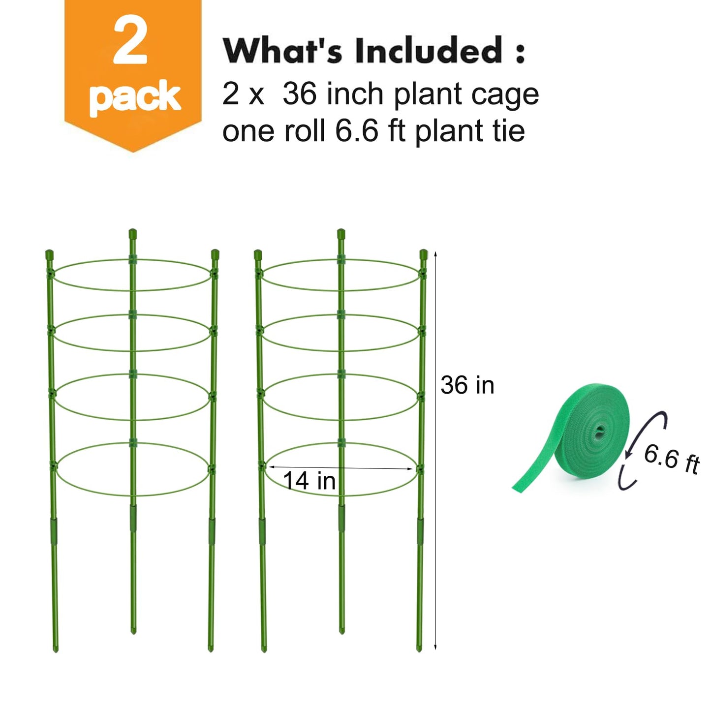 2 Pack 36 Inches Holders for Flowers and Plants, Tomato Trellis with 4 Big Support Rings, Adjustable Cucumber Trellis for Climbing Plants Outdoor, Tomato Plant Support with Garden Tie Tape (36")