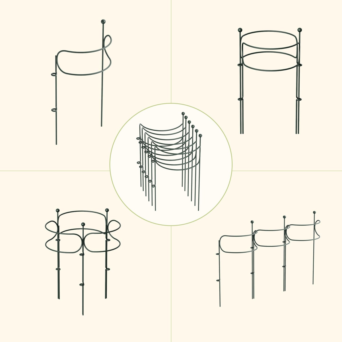 6 Pack Curved Plant Support Stakes, Dual Half Round Metal Garden Plant Stake, Peony Cages and Supports, 10"(W) x 20" (H) Flower Support Ring for Peonies, Hydrangea