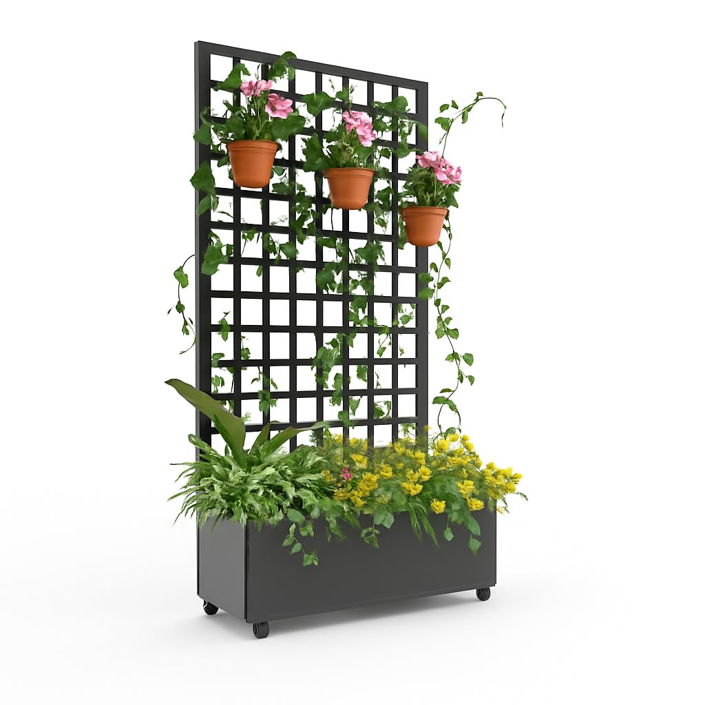 OUTLANE Metal Planter Box, 72"x35" with Square Lattice Trellis Planter Box, Galvanized Raised Garden Bed on Wheels, Garden Bed with Trellis, for Climbing Plants & Vines, Black
