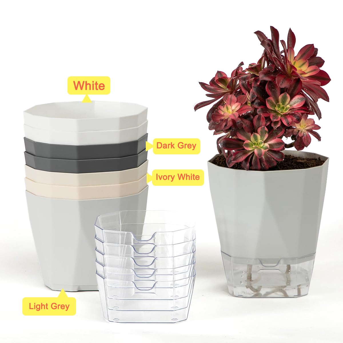 5 Pack Self Watering Plant Pots 5/6.7/8.4 In Self Watering Planters for indoor and Outdoor plants African Violet Self Watering Pots Clear Pots for Plants Herb Orchid Flower Houseplant Pots, Light Grey