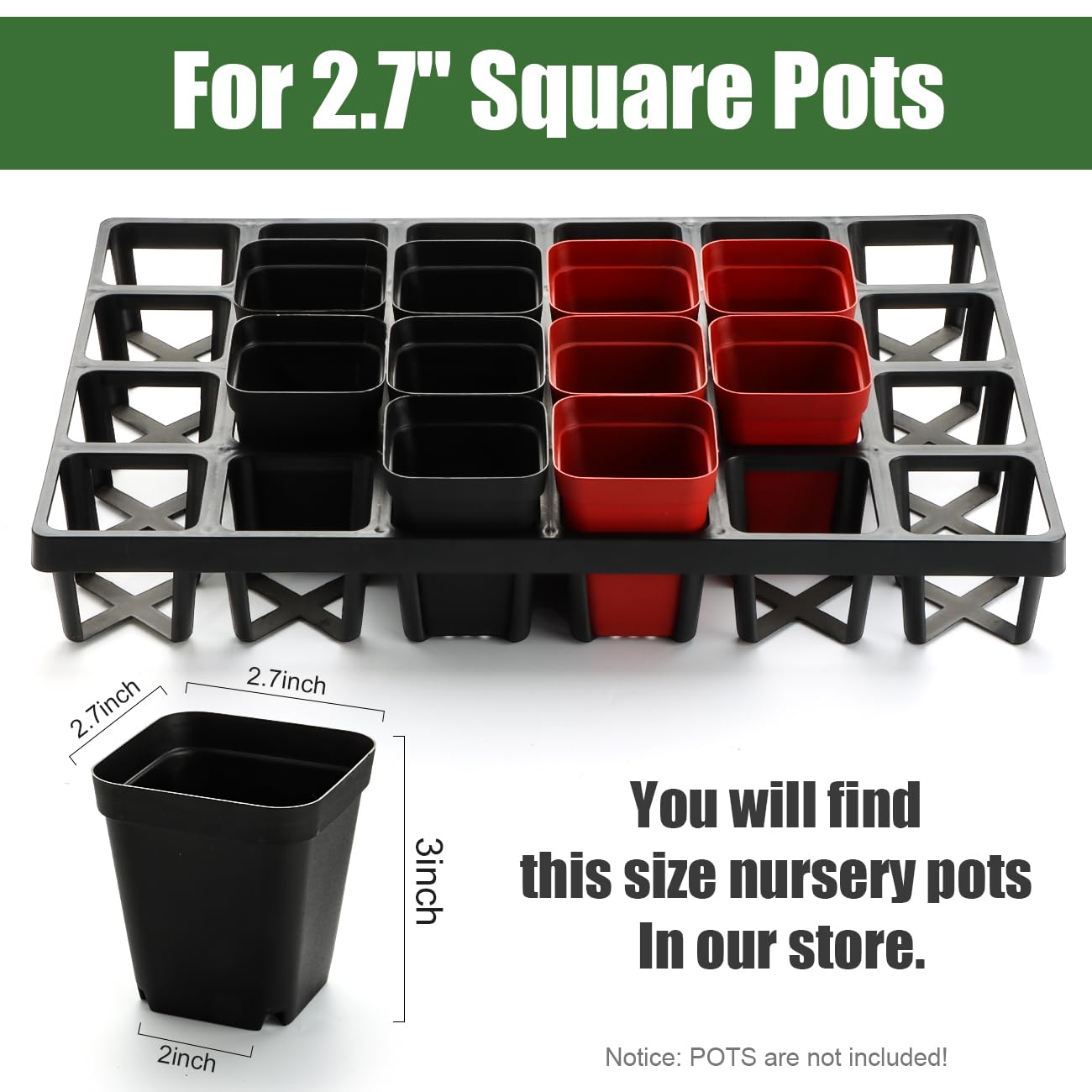 RooTrimmer 24 Cell Nursery Pots Trays (17"x11"x2") with Plastic Flat Seed Starter Trays, Durable Carrying Seedling Starter Tray, Reusable Planting Tray for Holding 2.7 inch Nursery Pots, 3 Sets Combo