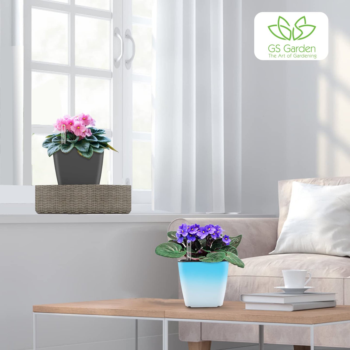 GS Garden Self Watering Planters for Indoor Plants, 5.2 Inch 3 Pack Square Plastic Plant Pots with Water Level Indicator & Drainage System for African Violet Herbs Succulents - Gradient Blue