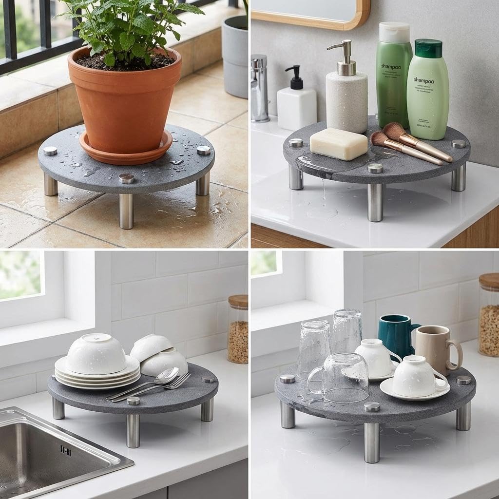 Plant Saucer Tray, 2 PCS 8 Inch Plant Coasters Mat, Plant Water Catcher Tray, Drying Plant Pot Tray Stone with Stainless Steel Feet, Plant Saucers for Indoors, Plant Drip & Drainage Tray, No Leaks