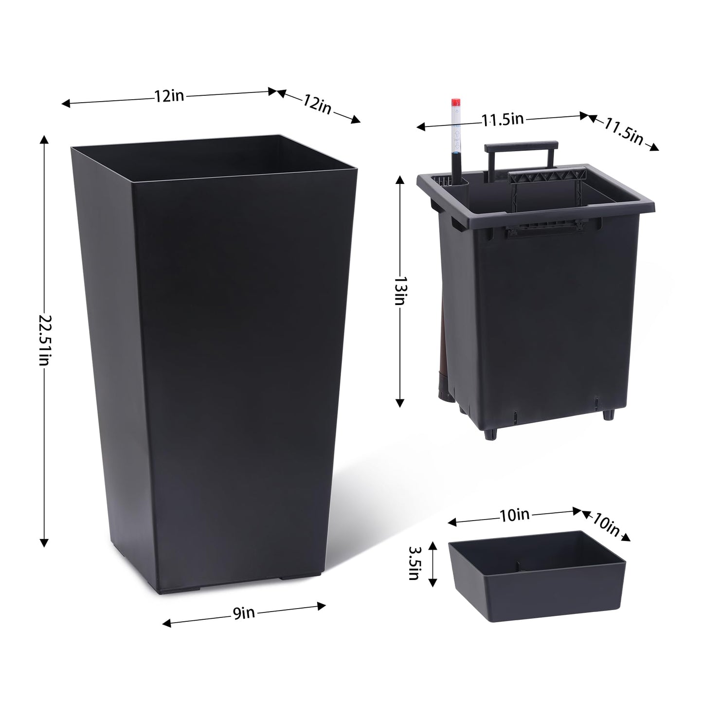 GarveeLife 22.5 in Tall Planters Set of 2, Outdoor&Indoor Black Planter Pots, High Front Porch Planter Pots with Drainage Holes&Water Level Monitor&Inner Bucket, Automatic Watering, Black
