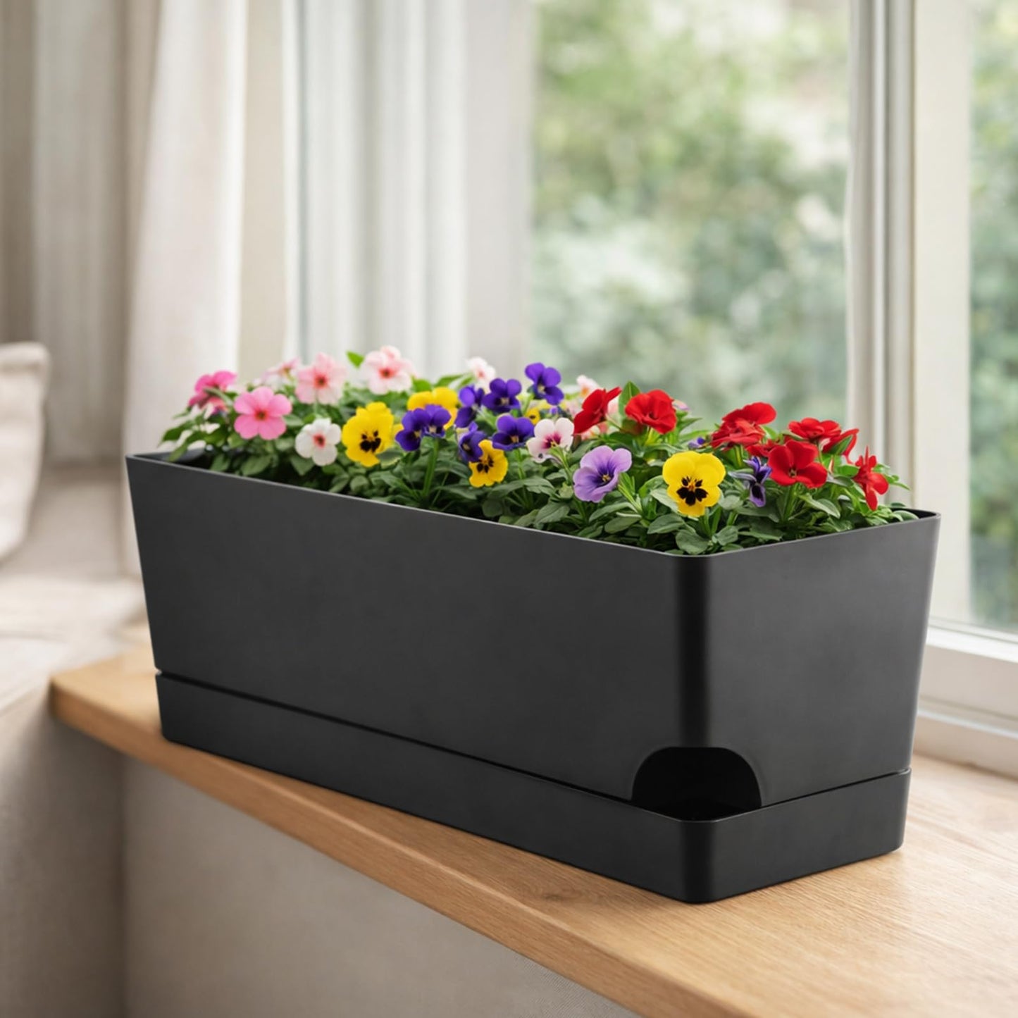Party Zealot Self Watering Pots for Indoor Plants, 3 Pack Window Boxes Planters 17 Inch Rectangular Planter Rectangle Flower Pots Long Plant Pot Large Window Sill Herb Planter Box, Black
