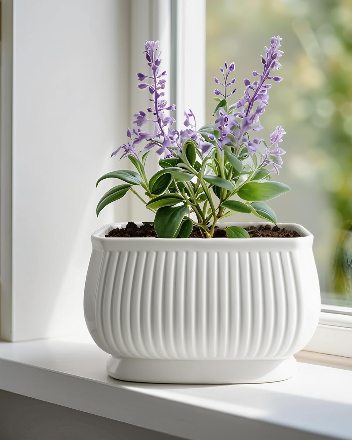 OXART Ceramic Plant pots Indoor Pots Set with Drainage Holes, 11.8+9 inch Flower Pot Rectangle Planters Pots for Plants for Plants Lilies, Cacti, Succulents, and Pothos, No Trays (White-2)