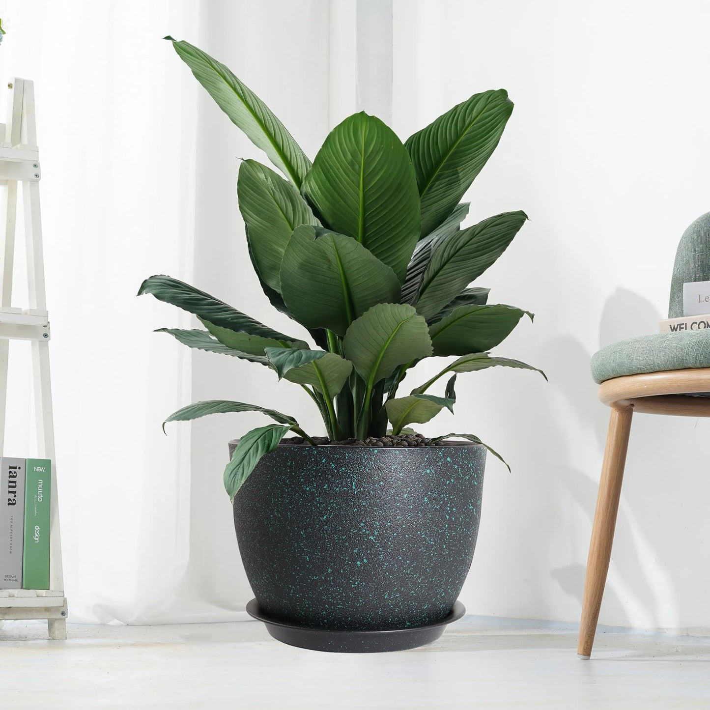 UOUZ 12inch Large Plant Pot, Modern Plastic Planter with High Driange Holes and Saucer for Indoor Outdoor Garden Plants and Flowers, Black with Green Speckles
