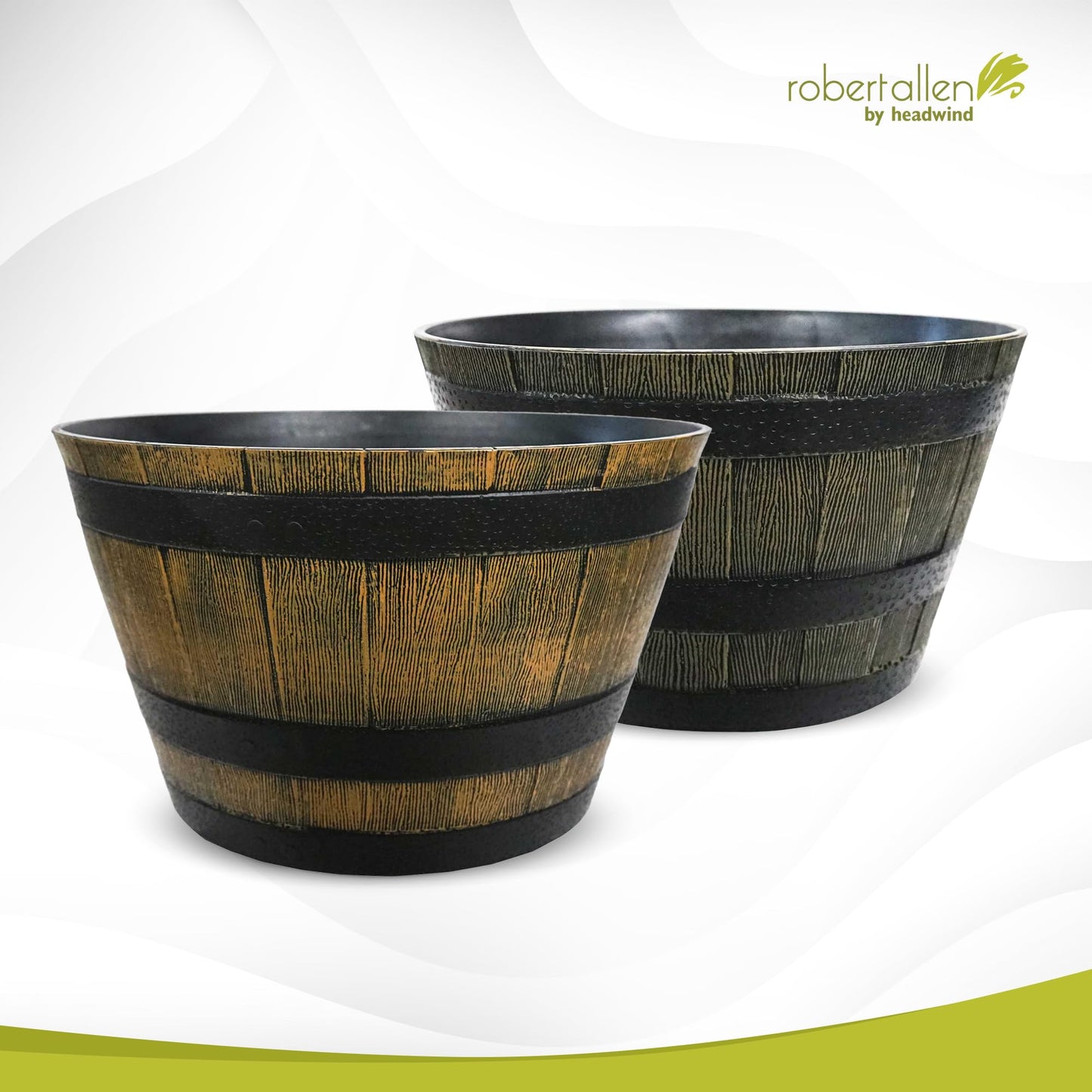 Headwind Whiskey Barrel Planter – 15 Inch New Wood Barrel Planters for Outdoor Plants – Weather-Resistant Flower Pot with Wooden Finish – Decorative Indoor & Outdoor Garden Planter by Robert Allen