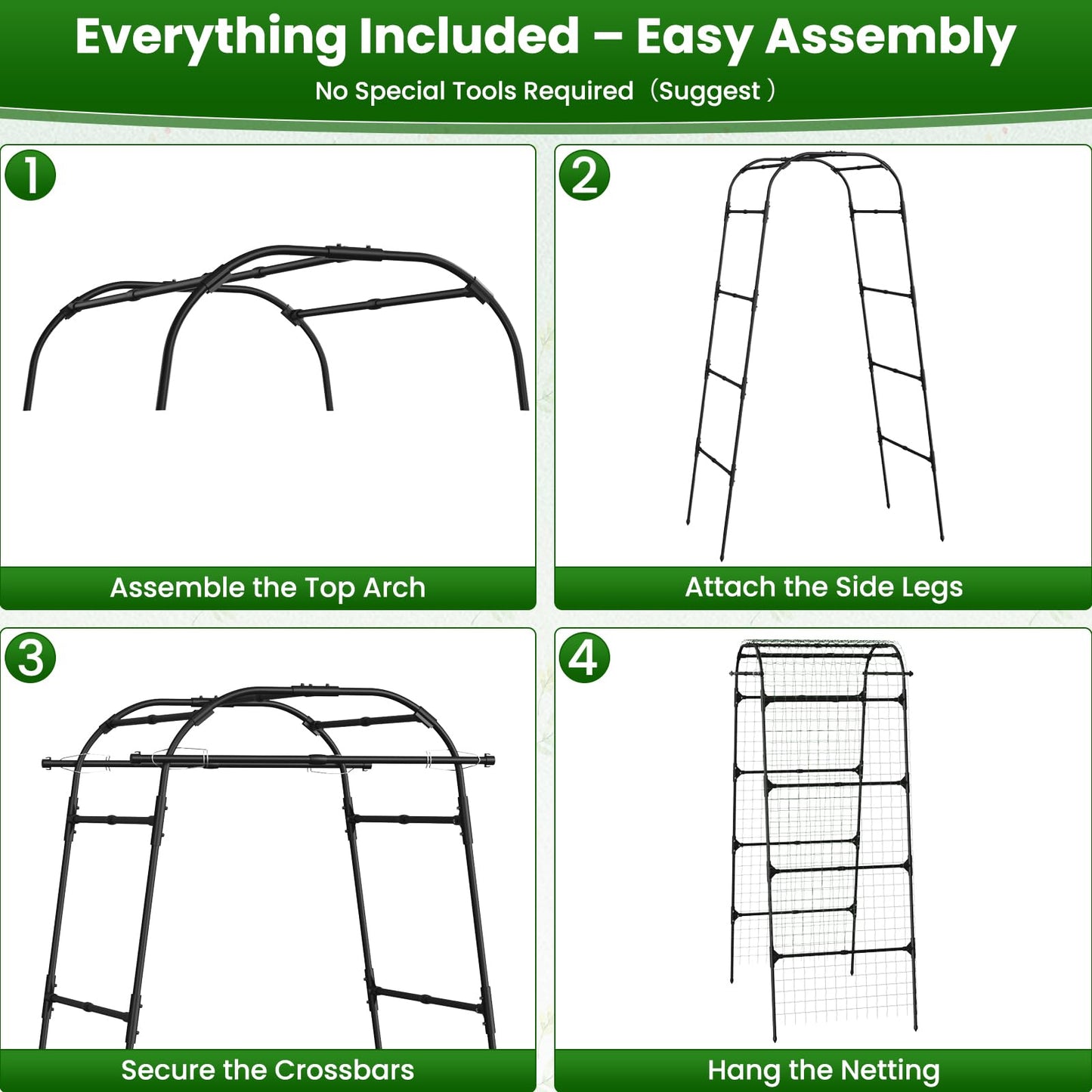 7.2FT Garden Arch Trellis for Climbing Plants, Heavy Duty 66" Wide Walk-Through Metal Arch with Netting, Wind-Resistant Vertical Garden Support for Cucumbers, Roses, Beans, Squash (33" Arch)
