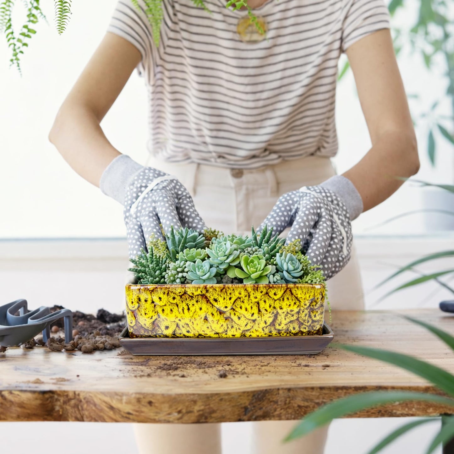 ARTKETTY Succulent Pots - Long Rectangle Succulent Planters with Drainage Tray, Window Sill Planter, Ceramic Pots for Indoor Cactus Plants Shallow Bonsai Window Box for Home Garden Decor