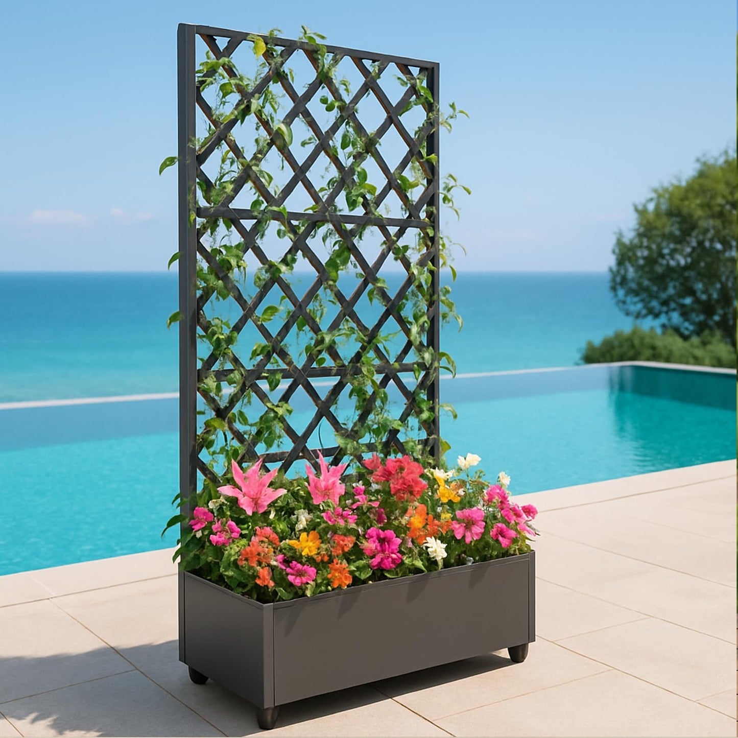 Takywep 72"x35" Black Raised Garden Bed with Diamond Lattice Trellis, Mobile Galvanized Metal Planter Box on Wheels for Climbing Plants, Vines & Flowers