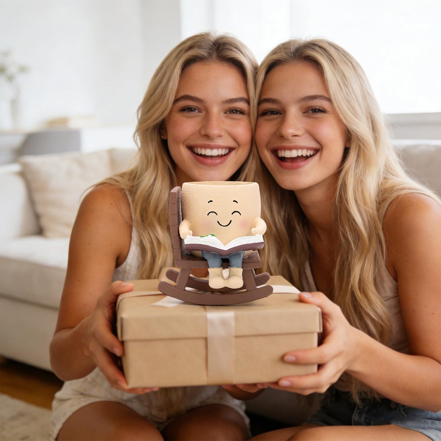 Toparad Smily Face Rocking Chair Reading Book Planter Pots with Drainage Hole, Cute Resin Flower Head Succulent Planters for Indoor Plants, Gift IdeaI for Mother Birthday Christmas
