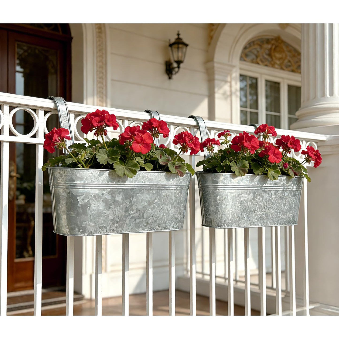 Joyfernal Balcony Galvanized Hanging Planters Railing Flower Pots, Outdoor Metal Fence Planter Pot with Detachable Hooks Drain Hole for Garden Patio Yard Decor (17 Inch, 8Pcs)
