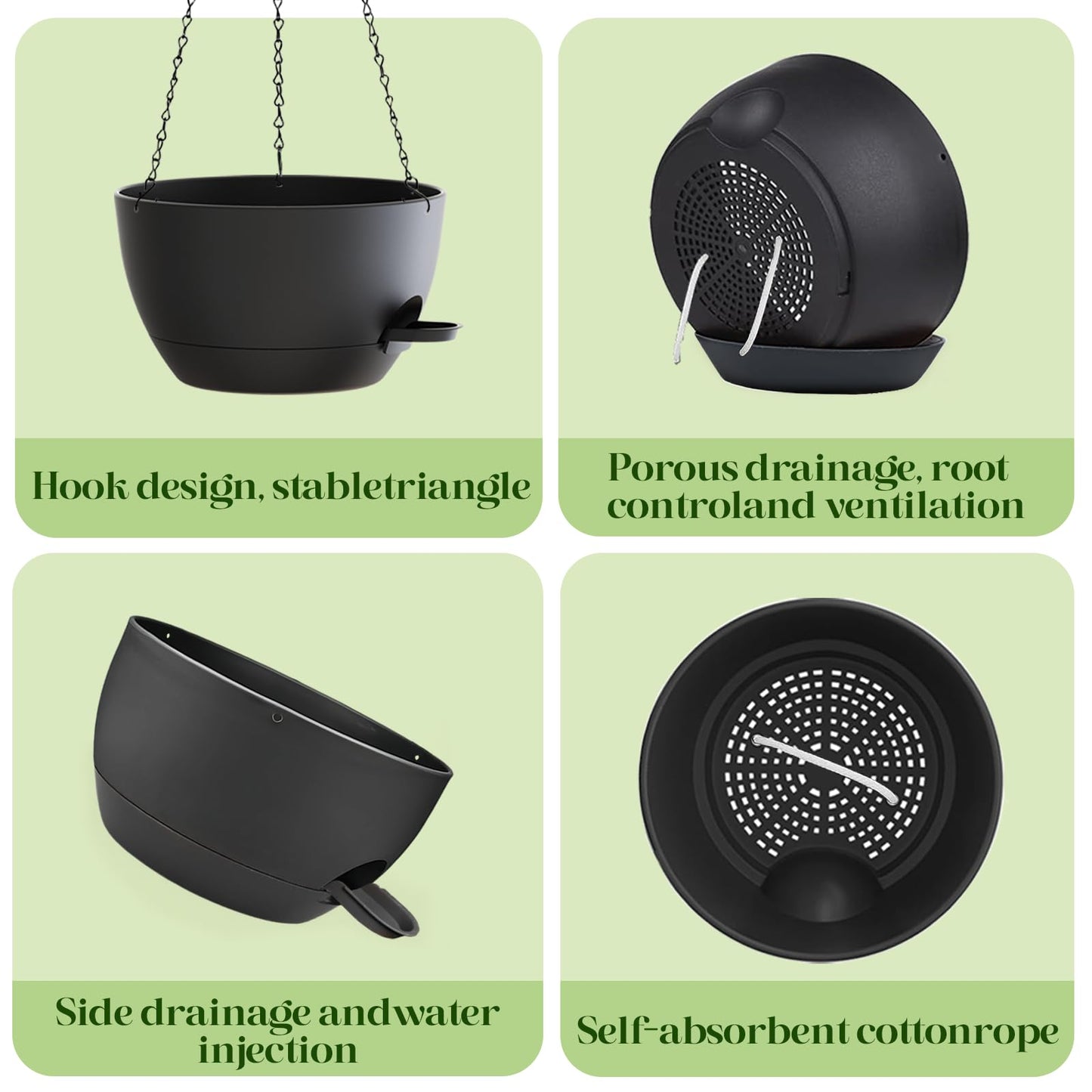 zople 2 Pack 10 Inch Self Watering Hanging Planters for Indoor Plants, Large Black Plastic Hanging Pots with Chains for Outdoor Patio Garden Home Decor (Black)