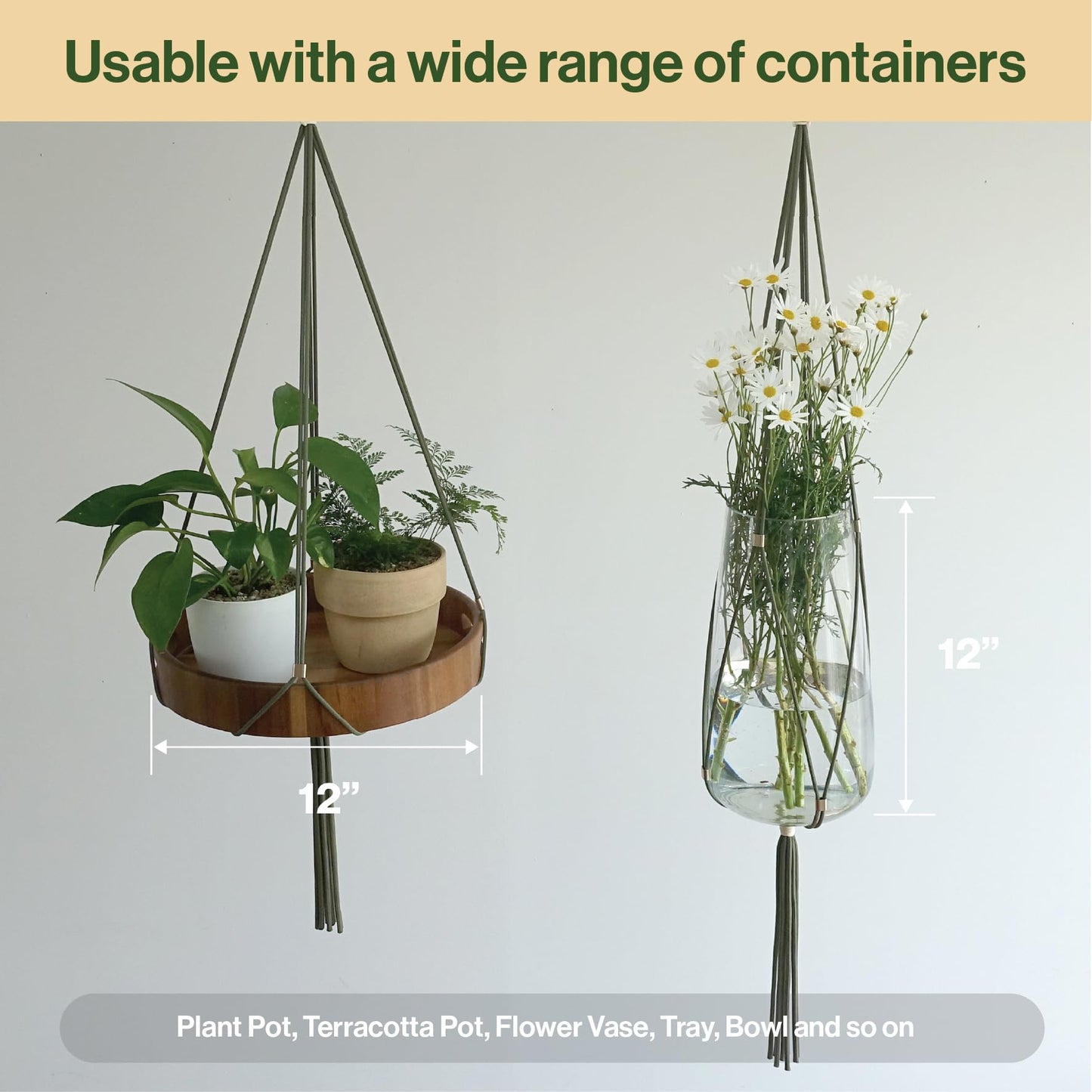 LET BE Macrame Plant Hanger Polyester Rope 42 Inch Outdoor Indoor Adjustable Hanging Planter for up to 10 Inch Plant Pot Modern Boho Home Decor (1, Forest Green/Ivory)