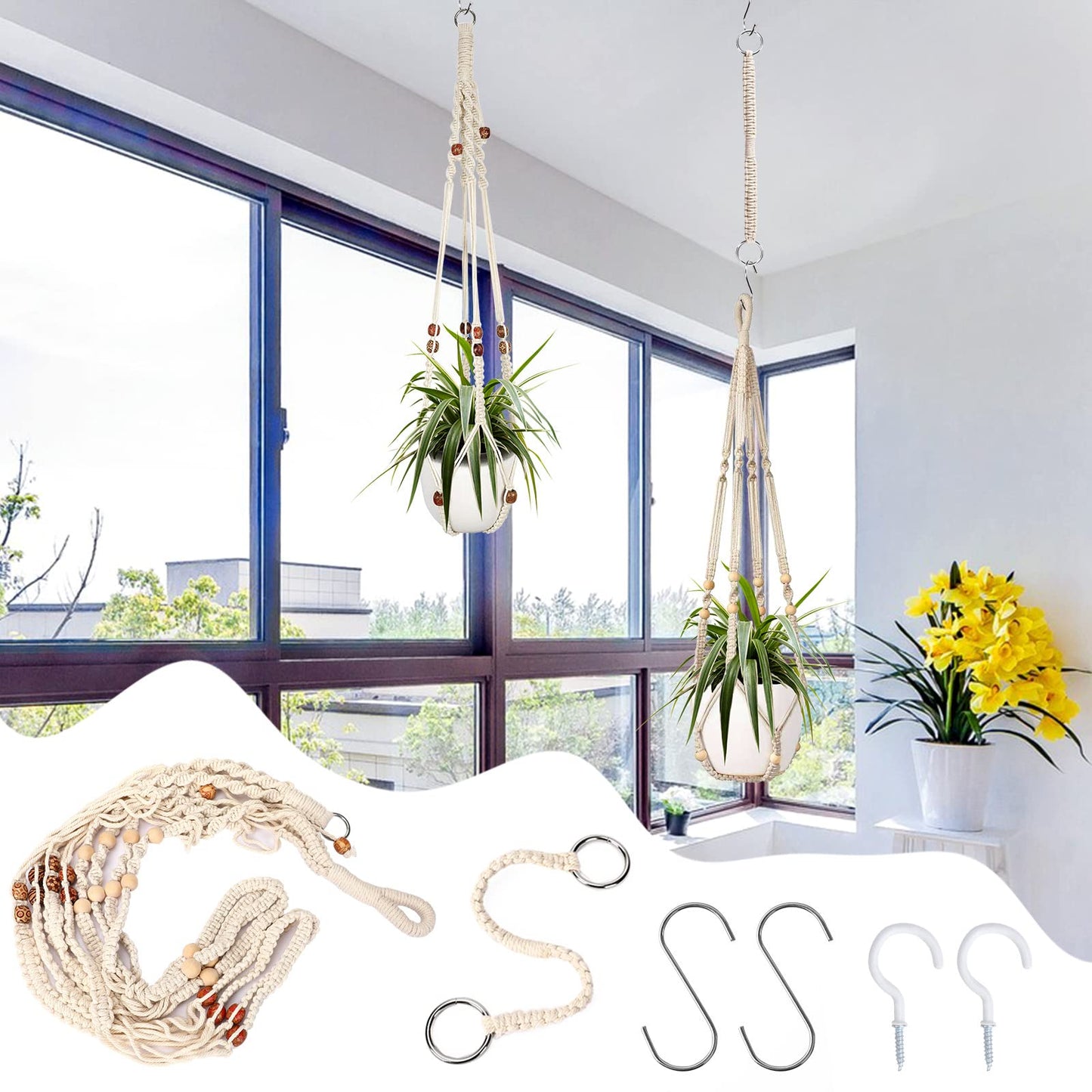 Augshy Macrame Plant Hanger, 2Pcs Hanging Plant Holder with Extender Plant Hangers for Indoor Outdoor Decor Macrame Hanging Planter Basket with 4 Hooks