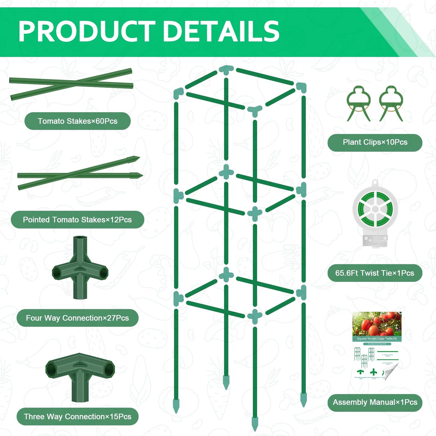 WLLEYAY 3 Pack Tomato Cages, Square Tomato Plant Stakes Support Cages Trellis, 50 * 17 * 17in Heavy Duty Steel Plant Tower Stakes Cucumber Trellis for Garden Climbing Vegetables Flowers Fruits, Bold