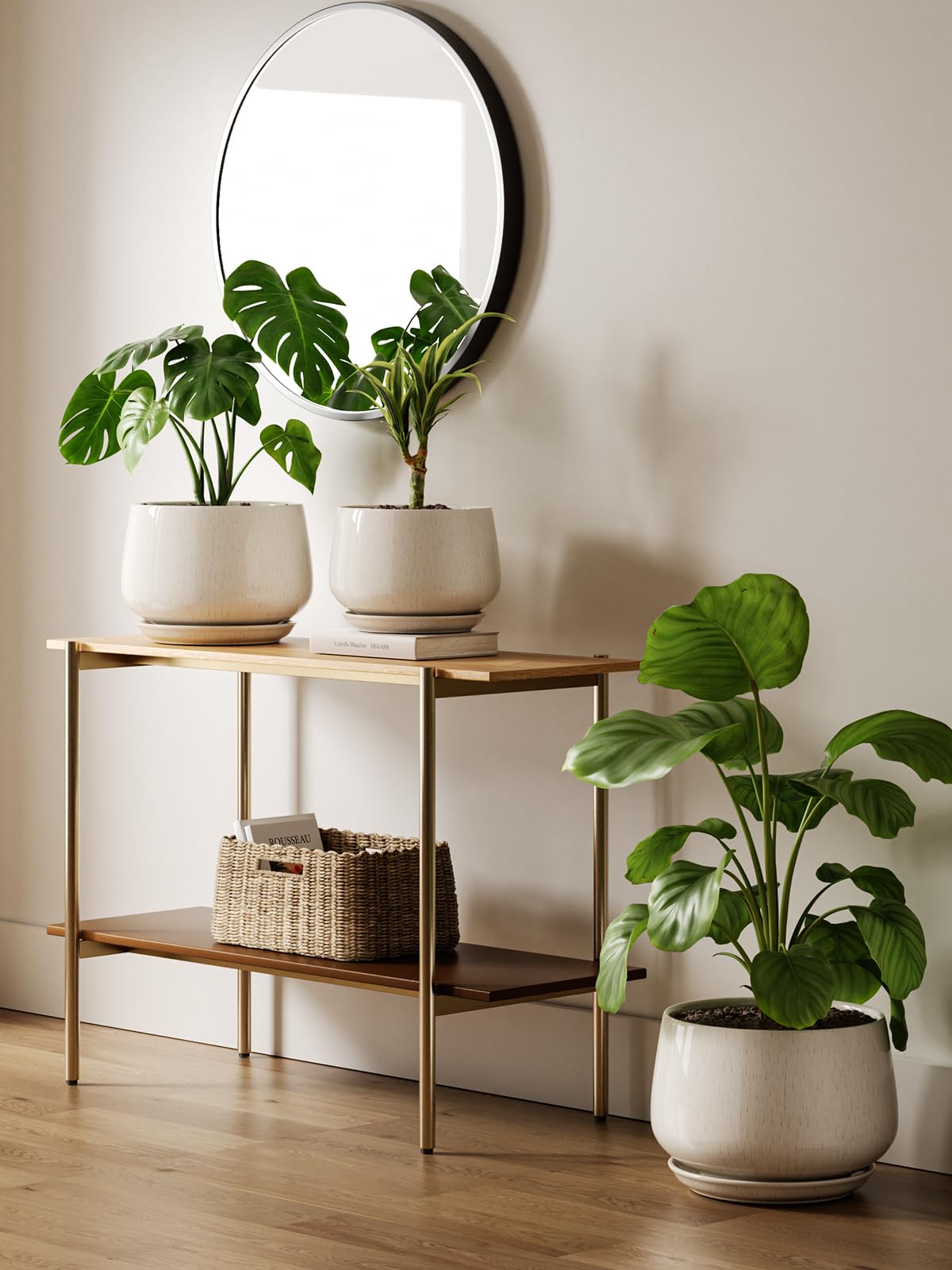 LE TAUCI Ceramic Planter, 10 Inch Plant Pot with Drainage Hole & Saucer – Durable Indoor Planter for Modern Home Decor, Reactive Glaze Beige