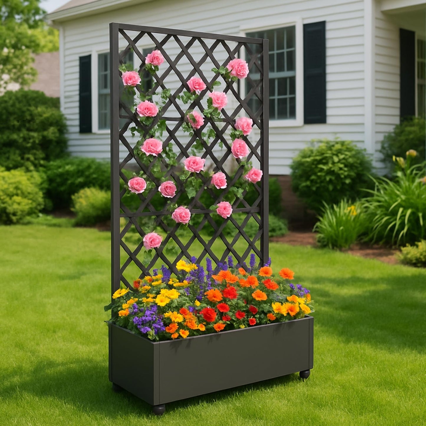 IDEALHOUSE Metal Planter Box with Trellis, 72"x35"x15.7" Galvanized Raised Garden Bed on Wheels with Drainage Holes, Outdoor Planter for Climbing Plants Vines & Privacy Screen, Diamond Lattice