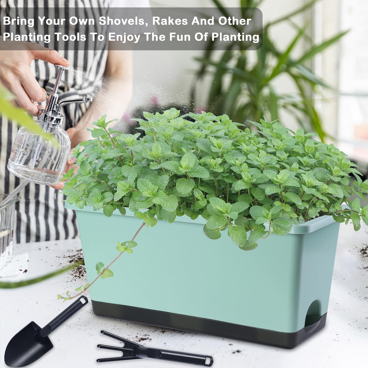 Window Box Planter 6 Pcs, 17 Inches Rectangle Flower Pots with Drainage Holes and Trays, Vegetable Planters for Windowsill Patio Garden Balcony Home Porch Yard Indoor Outdoor (Green, 17*7.4*7.8 inch)