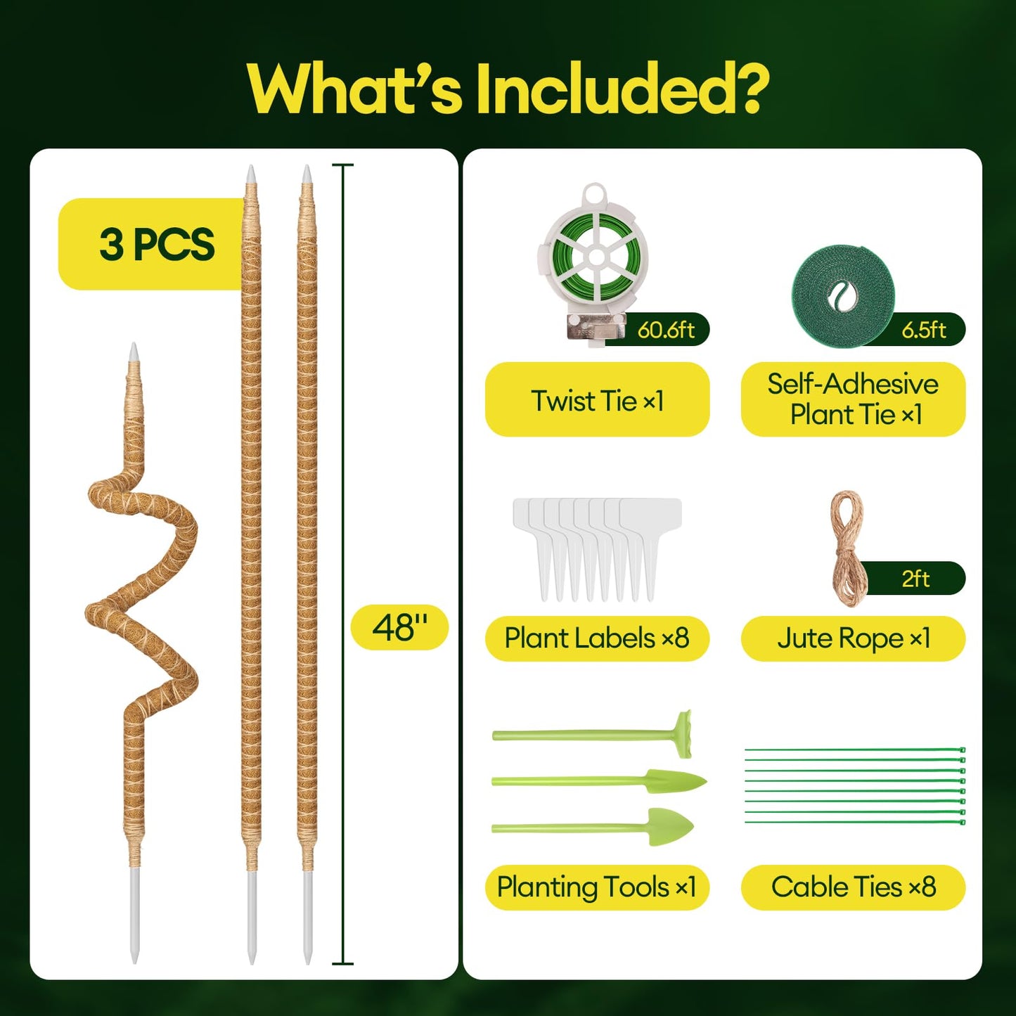 Maygrove 3-Pack 48” Bendable Moss Pole Monstera Plant Support for Climbing Indoors Plants, Coir Moss Poles Moss Sticks Plant Pole DIY, Plant Support Stake for Potted Plants