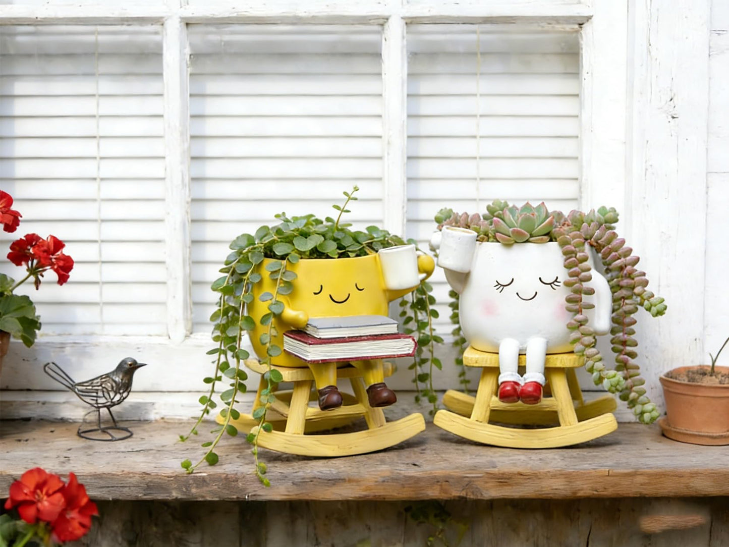 RZOIKZOI Rocking Chair Smiley Face Planter,Cute Plant Pots for Indoor Outdoor Plants,Succulent Pots with Drainage Hole,Unique Funny Flower Pot,Plant Gifts for Mother's Day, Birthday, Christmas(White)