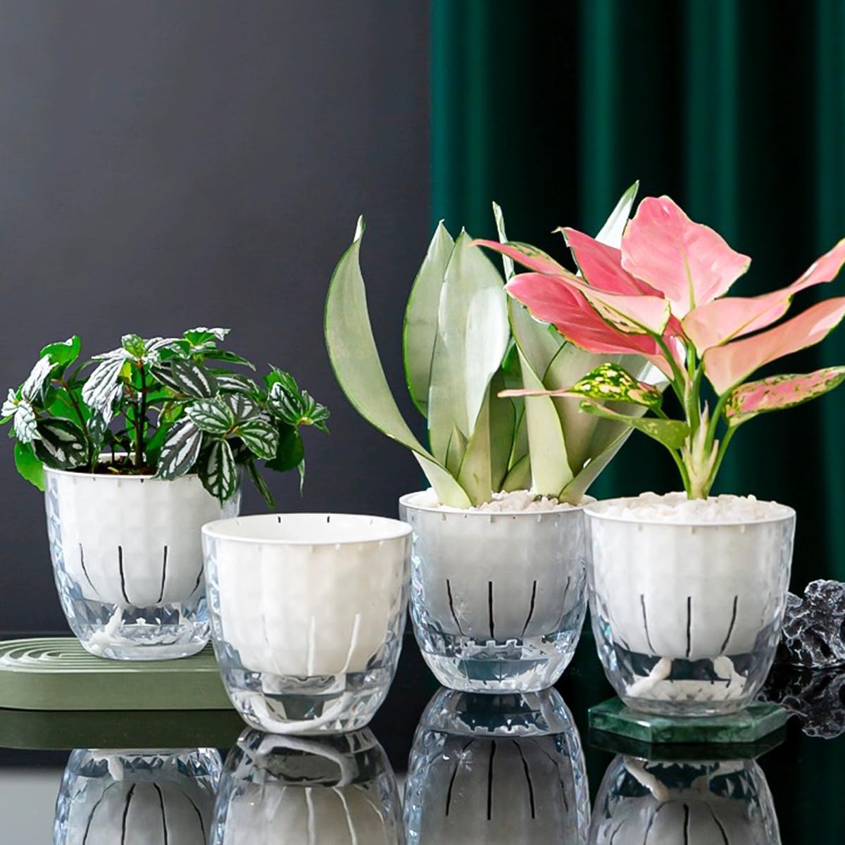 XKYQSY 4 Pack 4 inch Self Watering Pots Planters for Indoor Plants, African Violets Pots with Wick Rope, Modern Plastic Nursery Pots for All House Plants,Flowers Succulents,Herbs,Cactus,Orchids