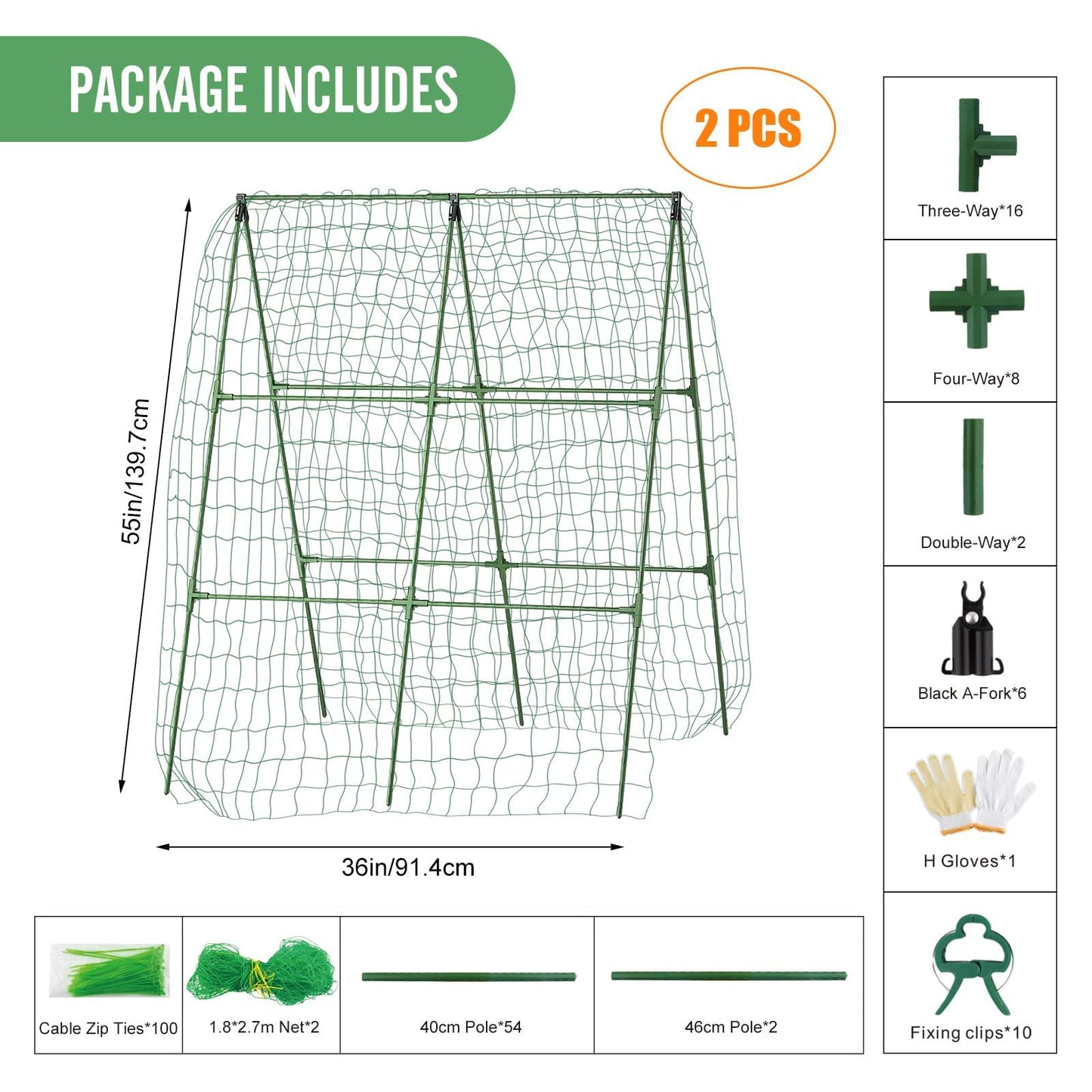 55" H x 36" W Cucumber Trellis for Raised Bed Garden, Cucumber Trelli for Climbing Plants Outdoor,A-Frame Vegetable Grow Supports, Tomato Plant Support for Tomato Squash Zucchini (1PC)