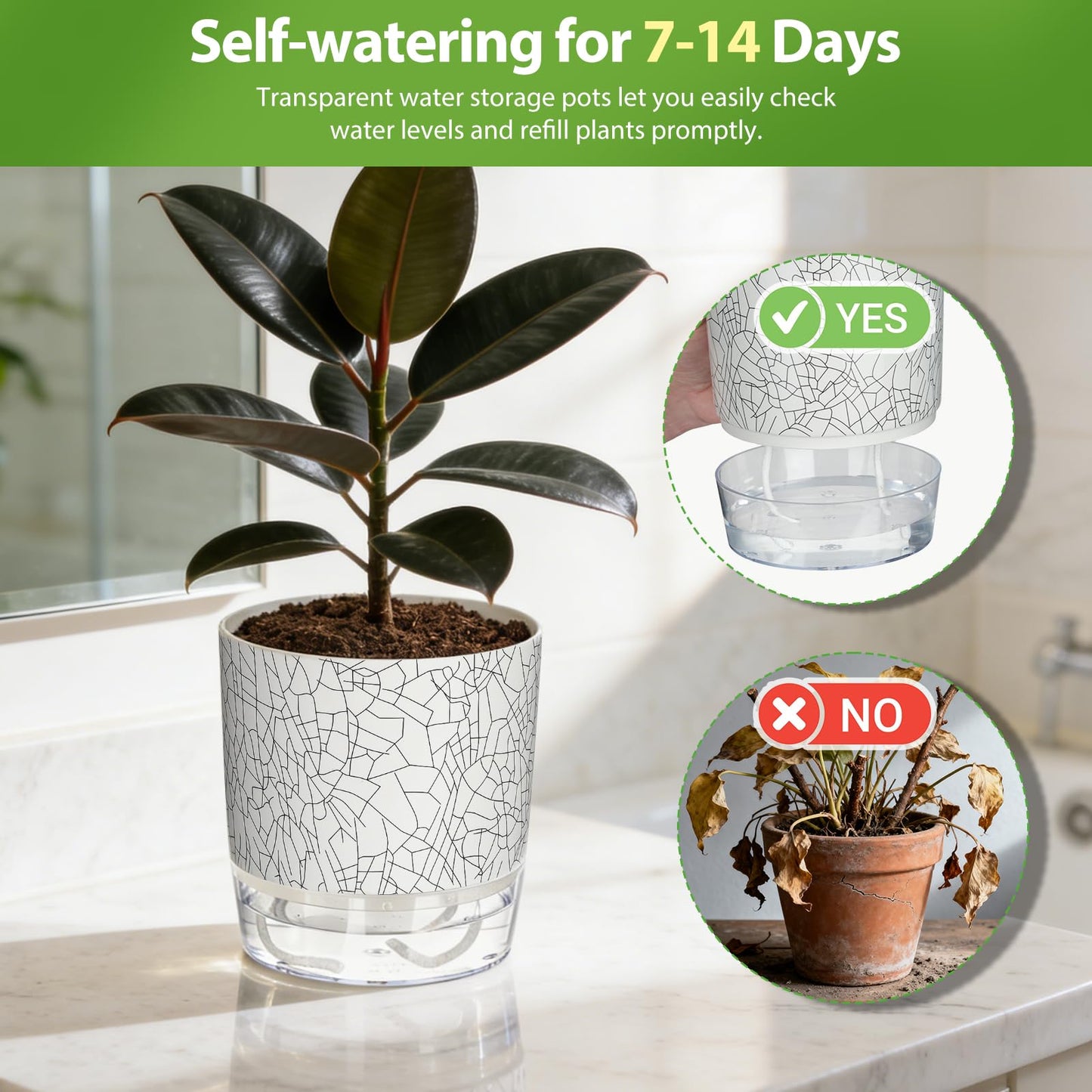 Samhe 6 Pack Self Watering Pots for Indoor Plants, 4+5.5+6.3 Inch Self Watering Plant Pots Set, Flower Pots with Wick Rope and Reservoir for African Violet, Spider Plant, Orchid - Crack Texture