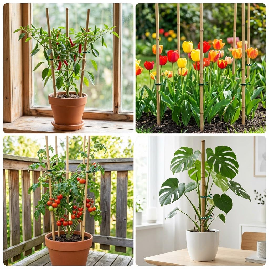 Plant Stakes Natural Bamboo Sticks - 25 Pcs Bamboo Garden Stakes for Plants 4 FT Plant Support Sticks with Twist Ties for Tomatoes Grapes Beans Flowers Indoor Outdoor Potted Climbing Plants