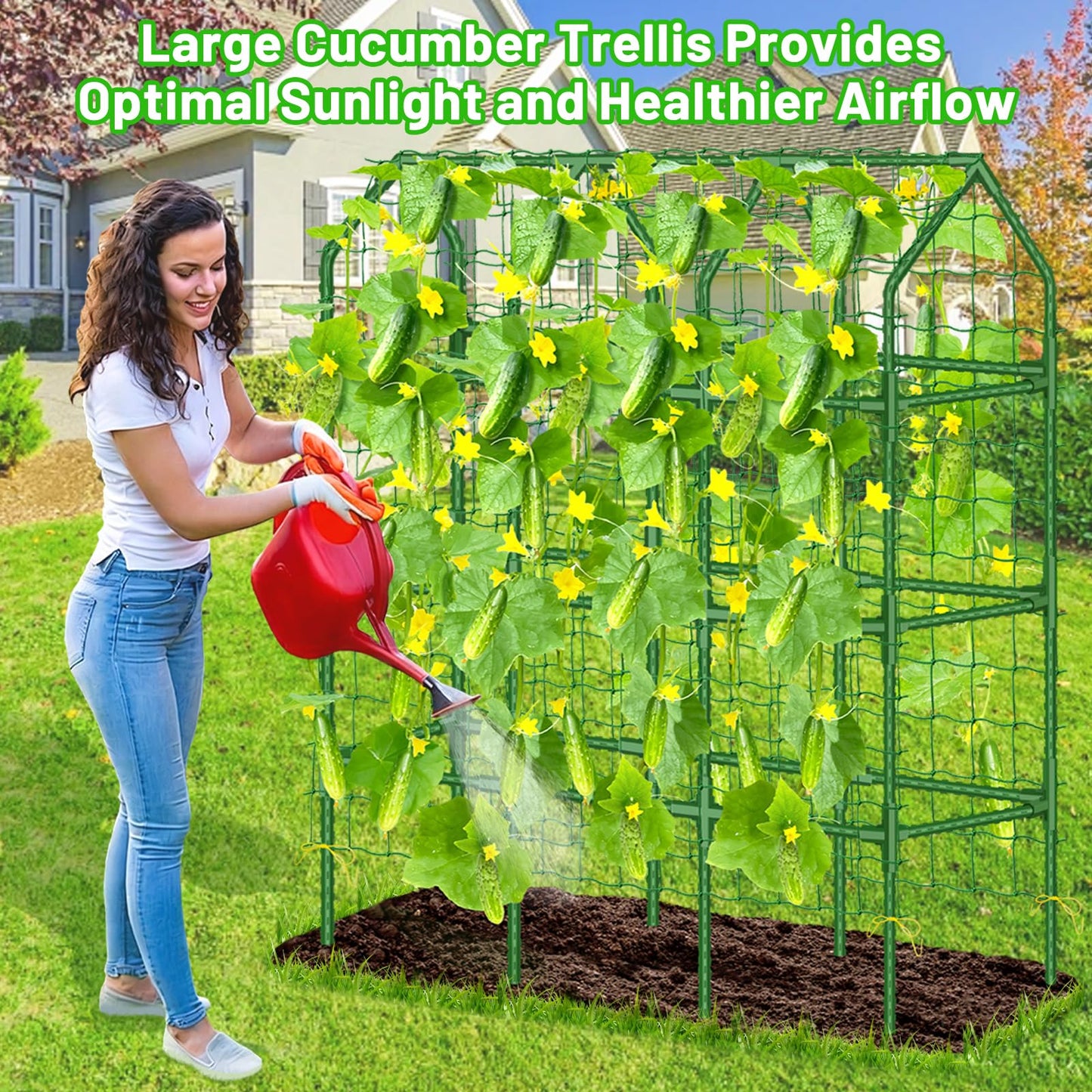 Sunwinx 50x65 Inch Cucumber Trellis for Raised Beds, V-Frame Metal Plant Garden Trellis for Climbing Plants Outdoor with Climbing Netting for Tomato Vegetable Grape Vine Bean Pea Squash