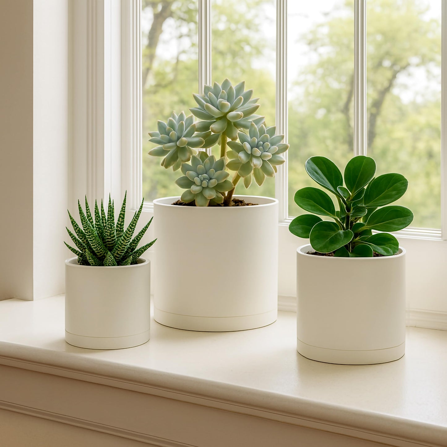 D'vine Dev 4 Inch 5 Inch 6 Inch, Set of 3 Plastic Planter Pots for Plants with Drainage Hole and Seamless Saucers, Oatmeal, Small, 74-V-H-1