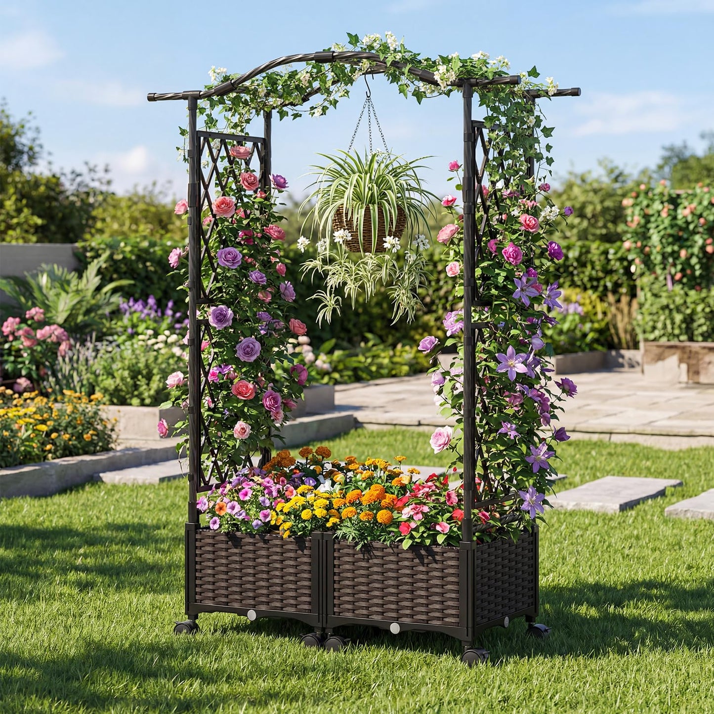 BECOMFORT Planter Box with Arch Trellis, 58”H Self-Watering Tomato Planter w/Wheels, Hanging Roof & Drainage Holes, Outdoor Indoor Raised Garden Bed for Climbing Vines, Perfect for Lawn & Backyard