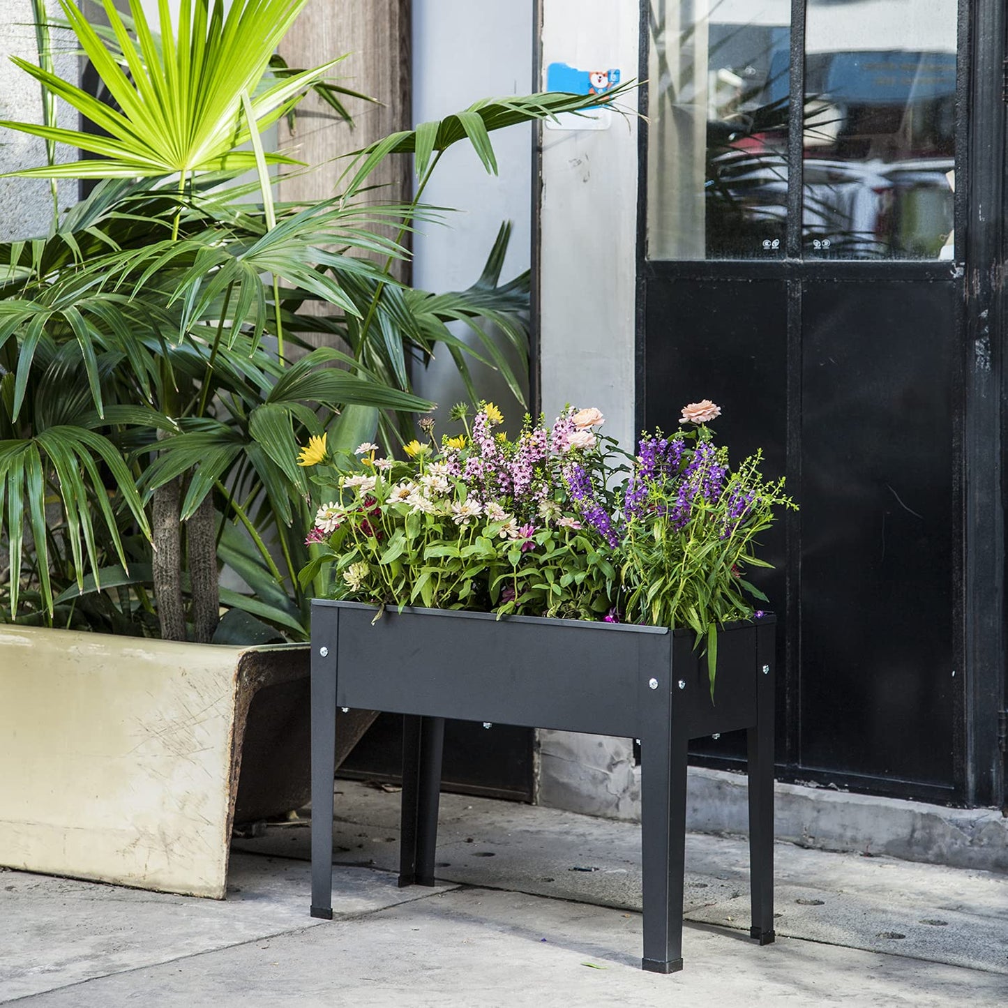 VEOAY Piksedo Raised Garden Bed, Elevated Planter Metal Plant Box with Legs Standing Garden Stand Drainage Holes Frosted Black