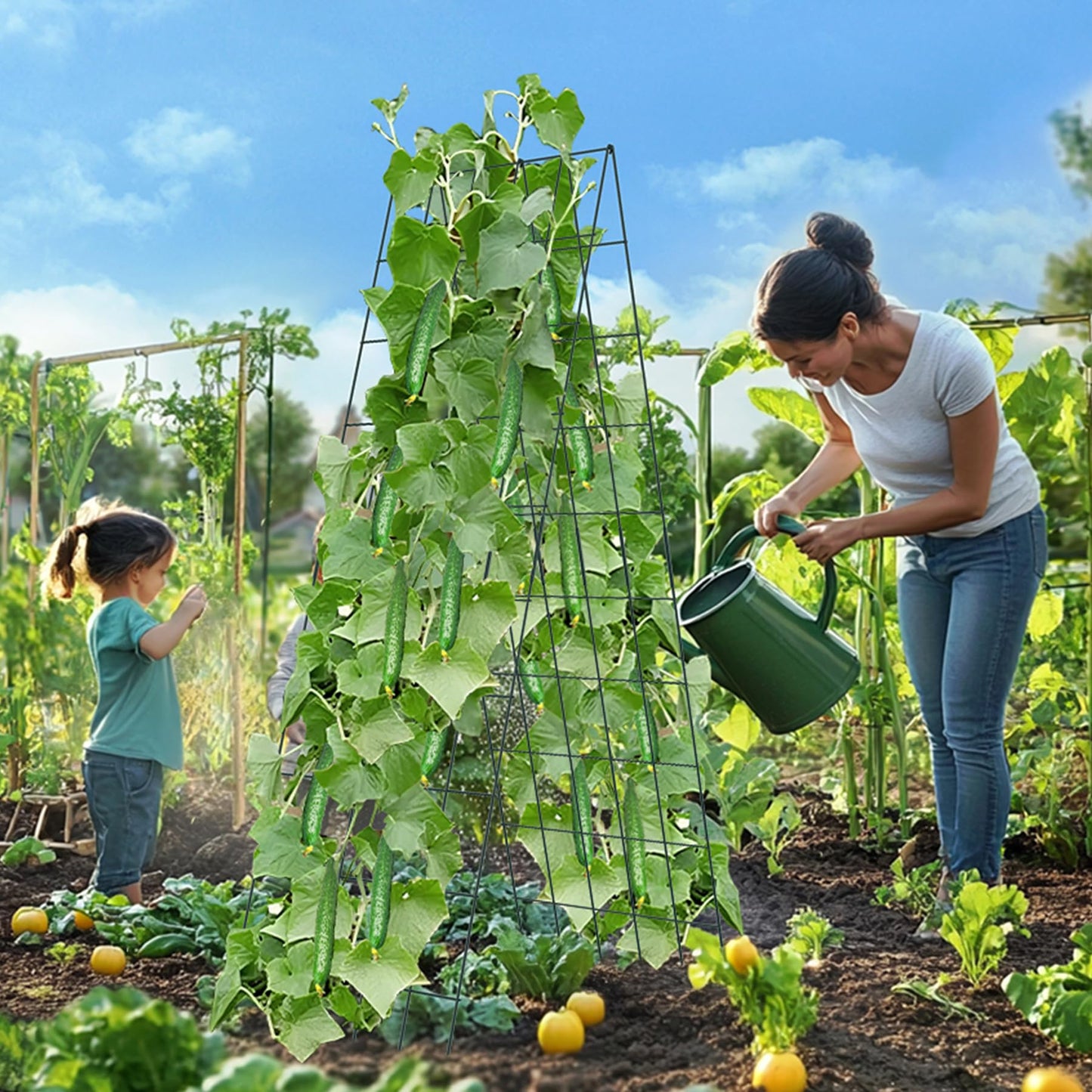 Toriexon Foldable Cucumber Trellis 64" H x 20" W - 2 Pack, A-Frame Garden Trellis for Raised Bed, with Twist Ties & Plant Bags for Climbing Plants Outdoor