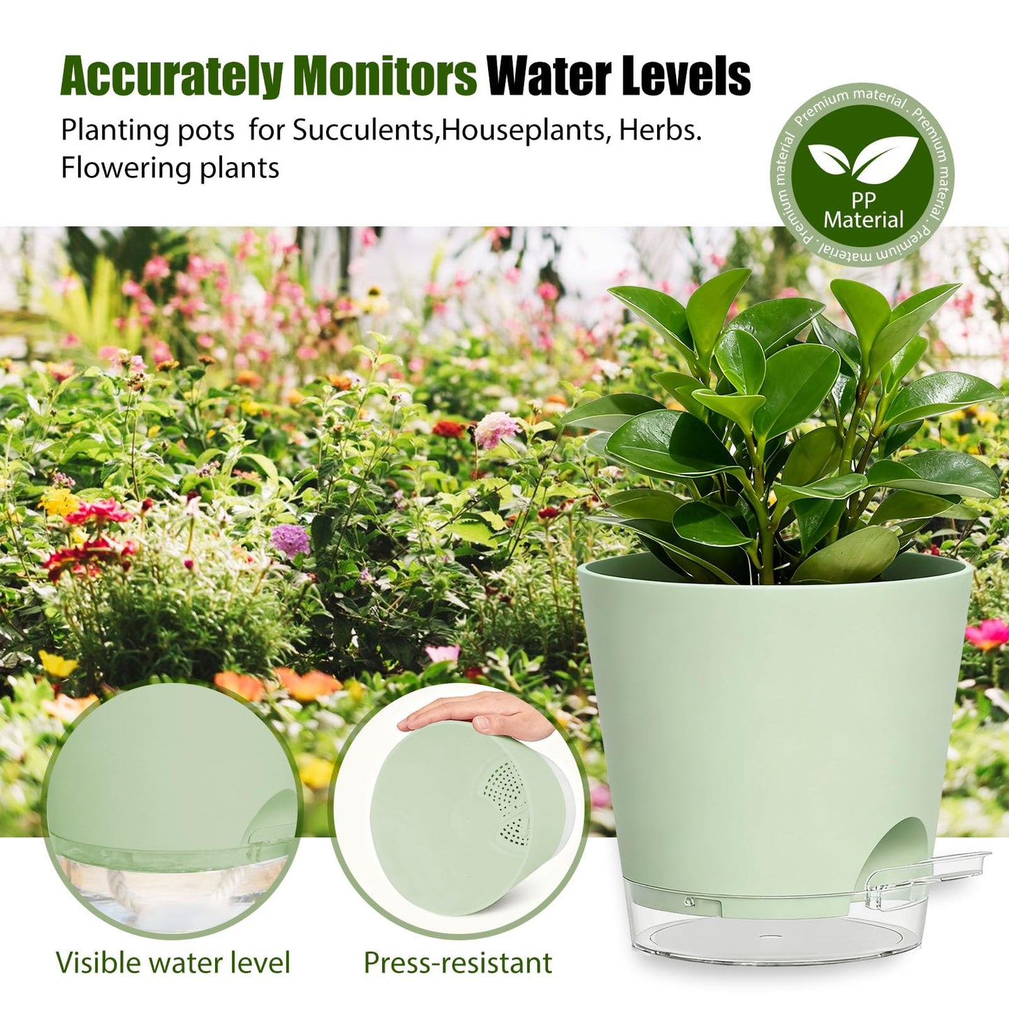 SQKH Plant Pots 8 Inch Self Watering Pots, 2 Pack Plastic Planters with Drainage Holes and Clear Saucers,Plastic Flower Pots for Indoor Out Door Plants (Green)