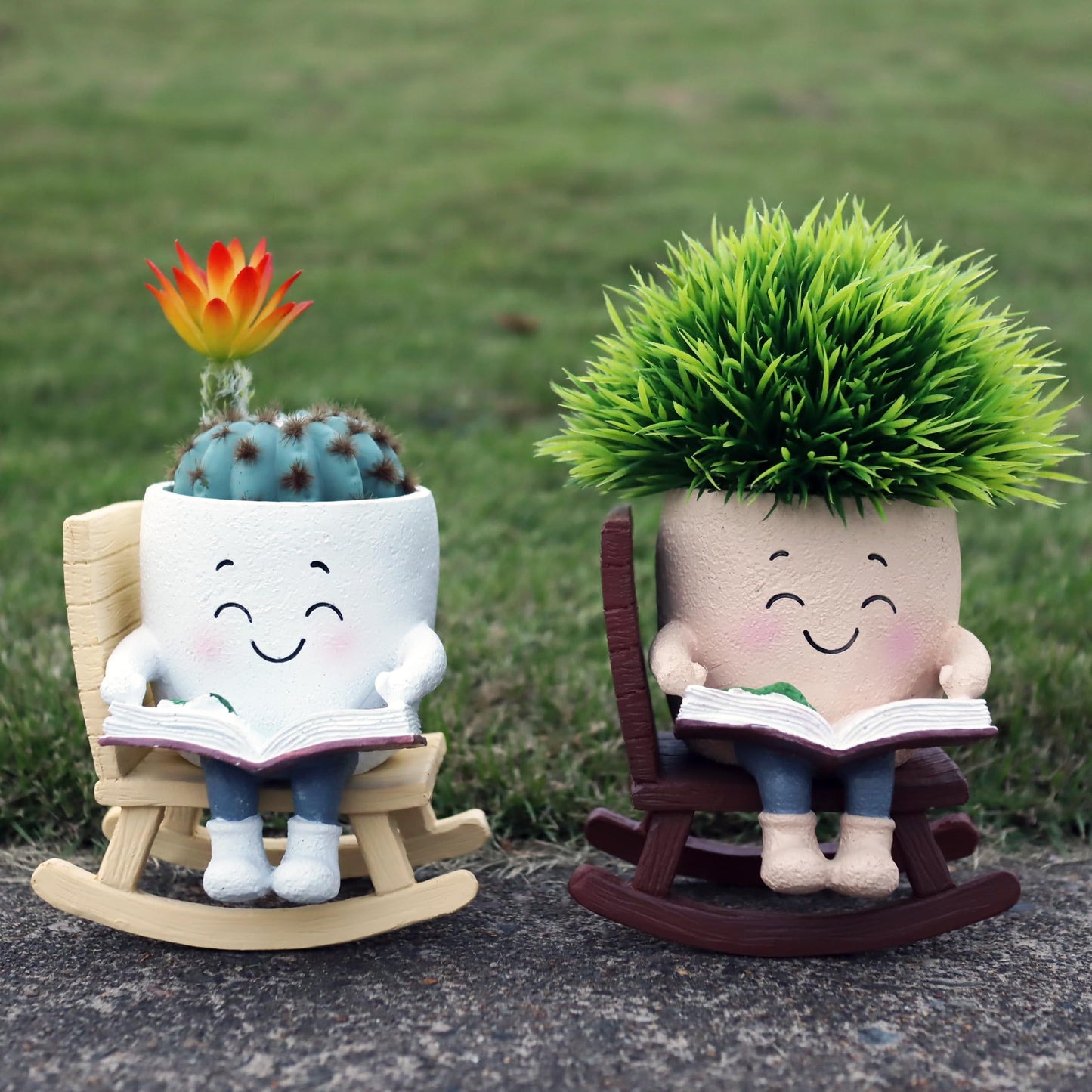 Dolkgy Cute Plant Pots Head Planters, Funny Rocking Chair Reading Book Planter Cactus Face Pot with Drainage Hole for Indoor Outdoor Plants, Unique Plant Lover Gifts
