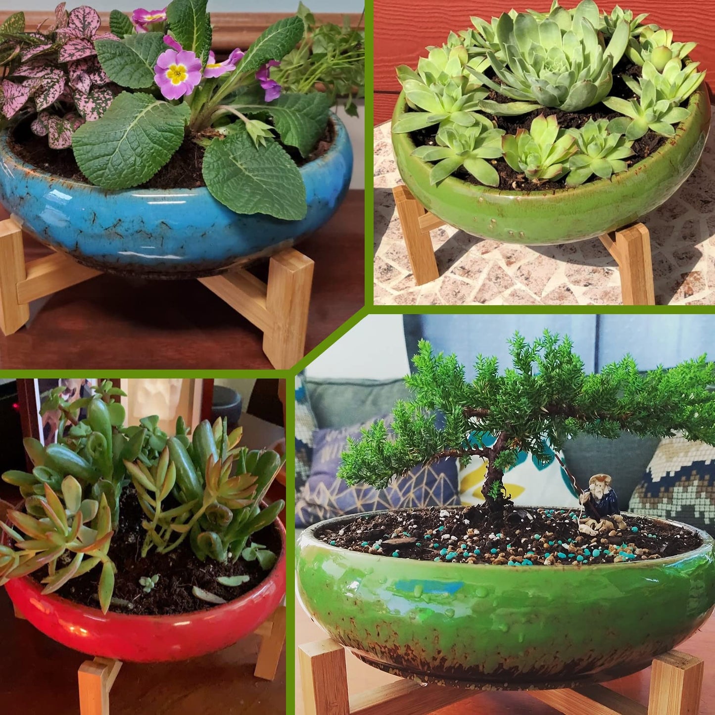 ARTKETTY Succulent Pots with Drainage, Large Succulent Planter with Stand and Saucer Shallow Bonsai Pots Ceramic Cactus Flower Planter Pot for Indoor Plants (7.3 and 10'')