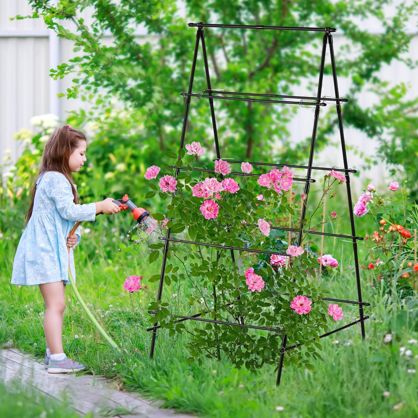 Yotoworth Garden Trellis for Climbing Plants, 71" H x 32" W Metal A-Frame Cucumber Trellis Outdoor Fruits Watermelon Plants Vegetable Tomato Squash Peas Beans, with Netting, Black