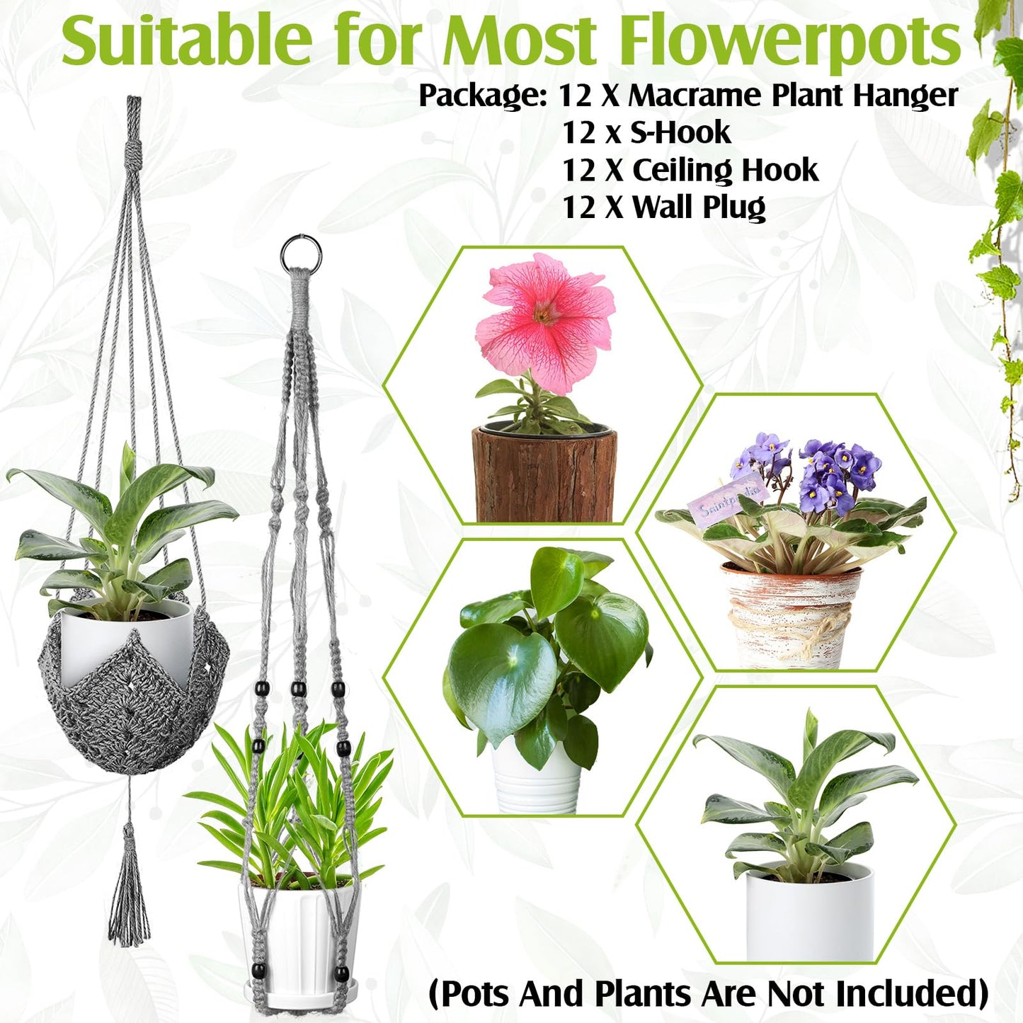 Hoteam 12 Pcs Macrame Plant Hangers Macrame Hanging Planters for Indoor Plants Handmade Boho Hanging Baskets Flower Pots Holder for Outdoor Home Wall Decor(Gray)