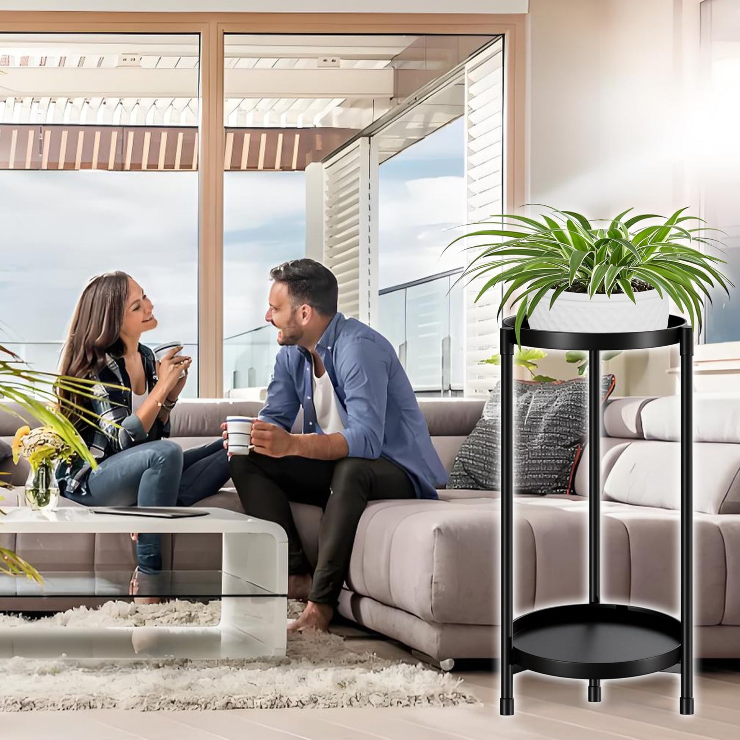 Atpddpey Plant Stand indoor outdoor - 2 Tier black Tall Metal Flower Pot Holder Potted Display Rack - Heavy Duty Corner Plant Shelf for Patio Garden Balcony Living Room Bedroom