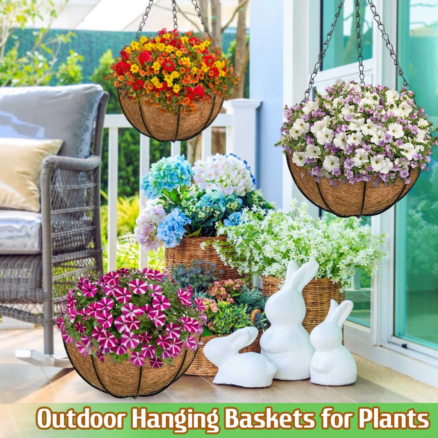 ZeeDix Outdoor Hanging Baskets, 2 Pack 12 Inch Metal Round Wire Hanging Planter with Coconut Liners Replacement, Hanging Flower Pots for Outdoor Plants Flowers