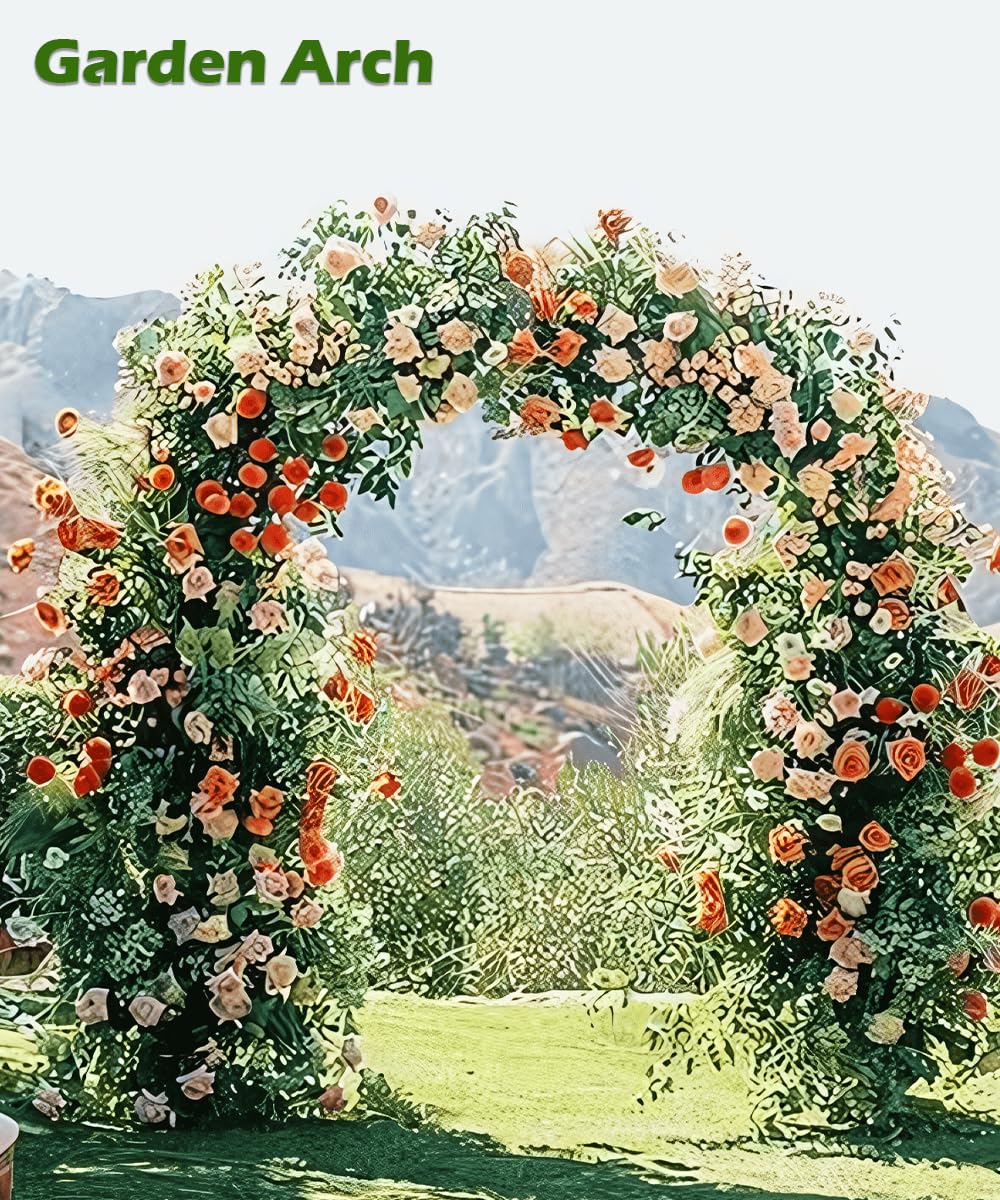 Queension Metal Wedding Arch for Ceremony Party Decoration 7Ft Wide 7.7Ft High,Garden Arch Trellis with Ground Bases for Climbing Plants,Outdoor Garden Arbor for Roses Vines, Round Frame, Black
