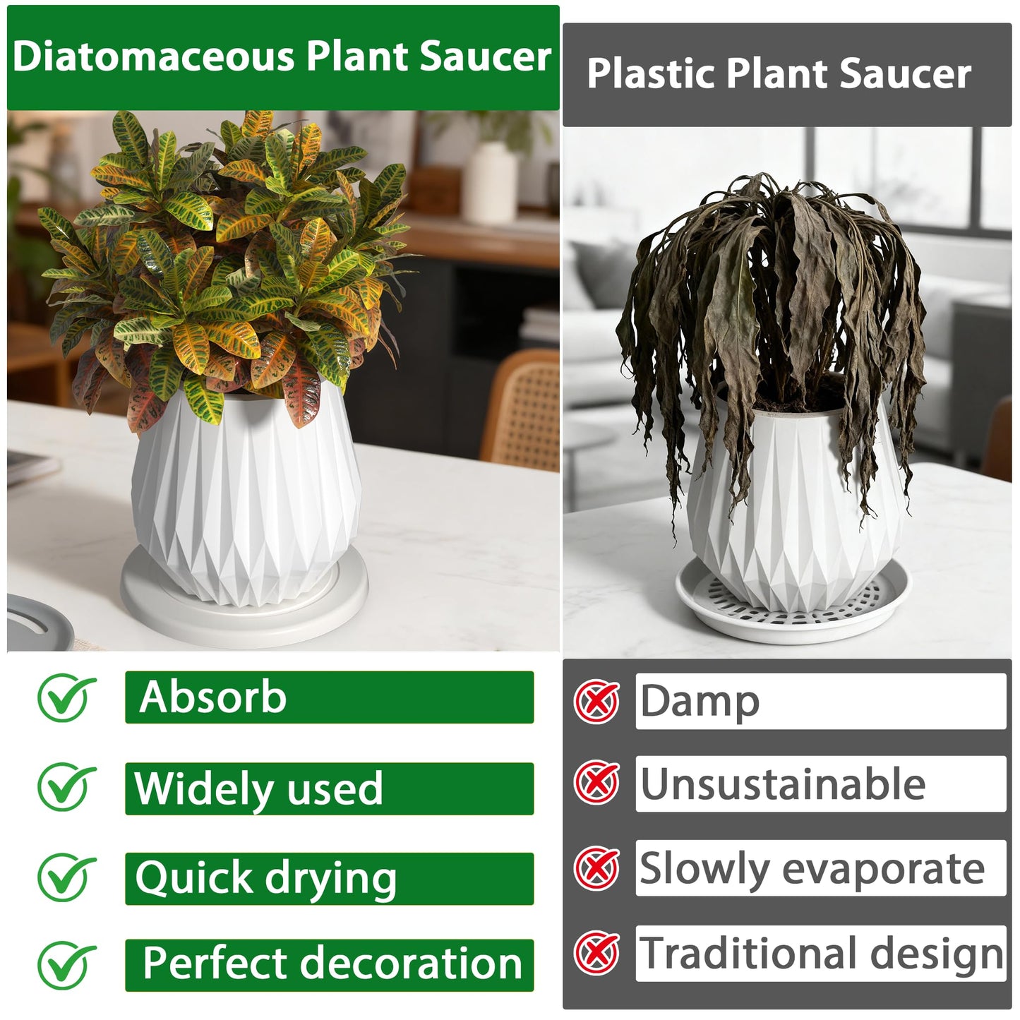 Plant Saucer Flower Pot Saucers Plant Trays for Pots Instant Dry Diatomaceous Earth Round Plant Drip Trays for Indoors Keeping Counter and Floors Dry and Clean (2Pcs White Small)