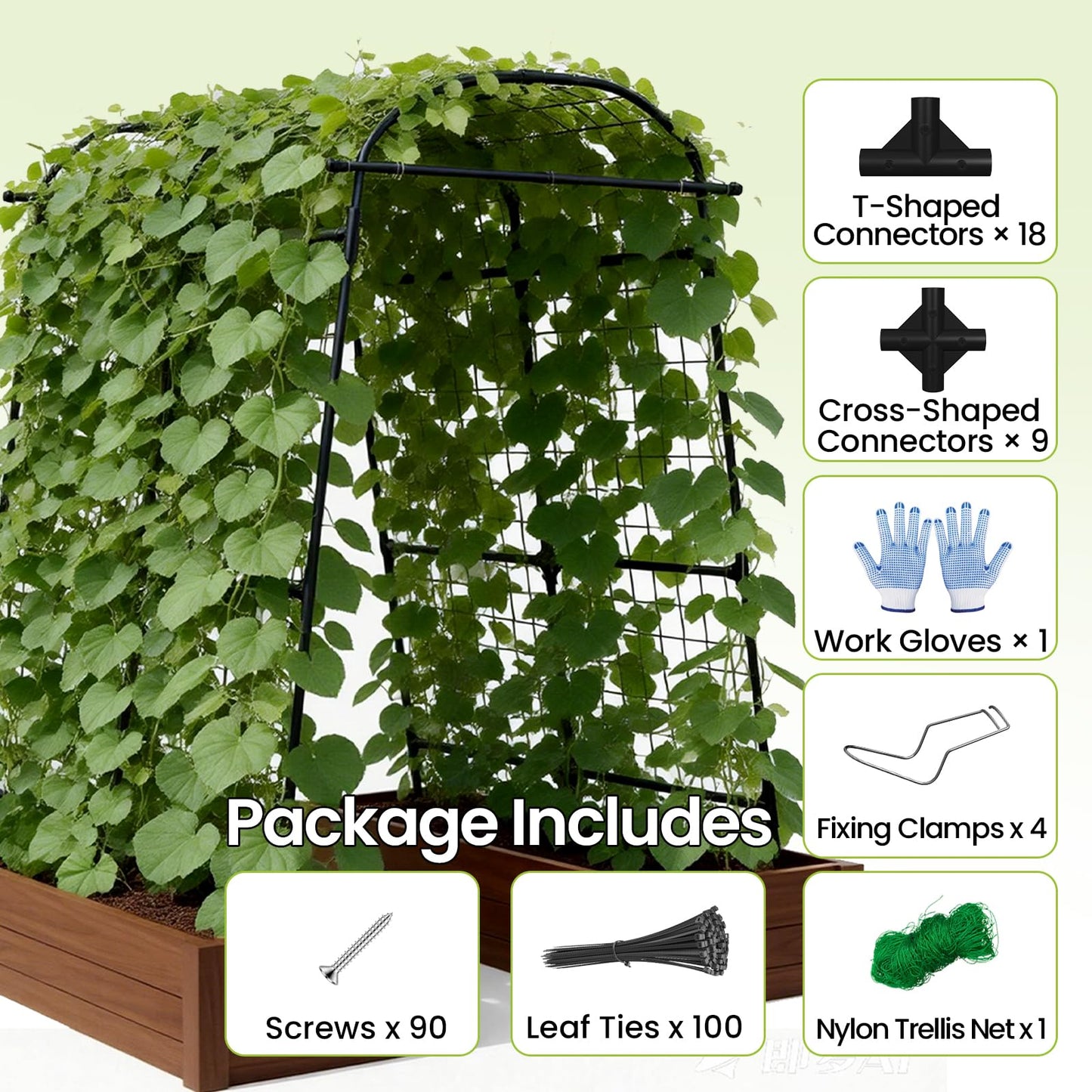 Large Garden Arch Trellis 63" x 49" x 83" Heavy-Duty Plant Support Structure with Nylon Netting & 100 Leaf Ties – Reusable Climbing Plant Trellis for Vegetables, Fruits & Flowers