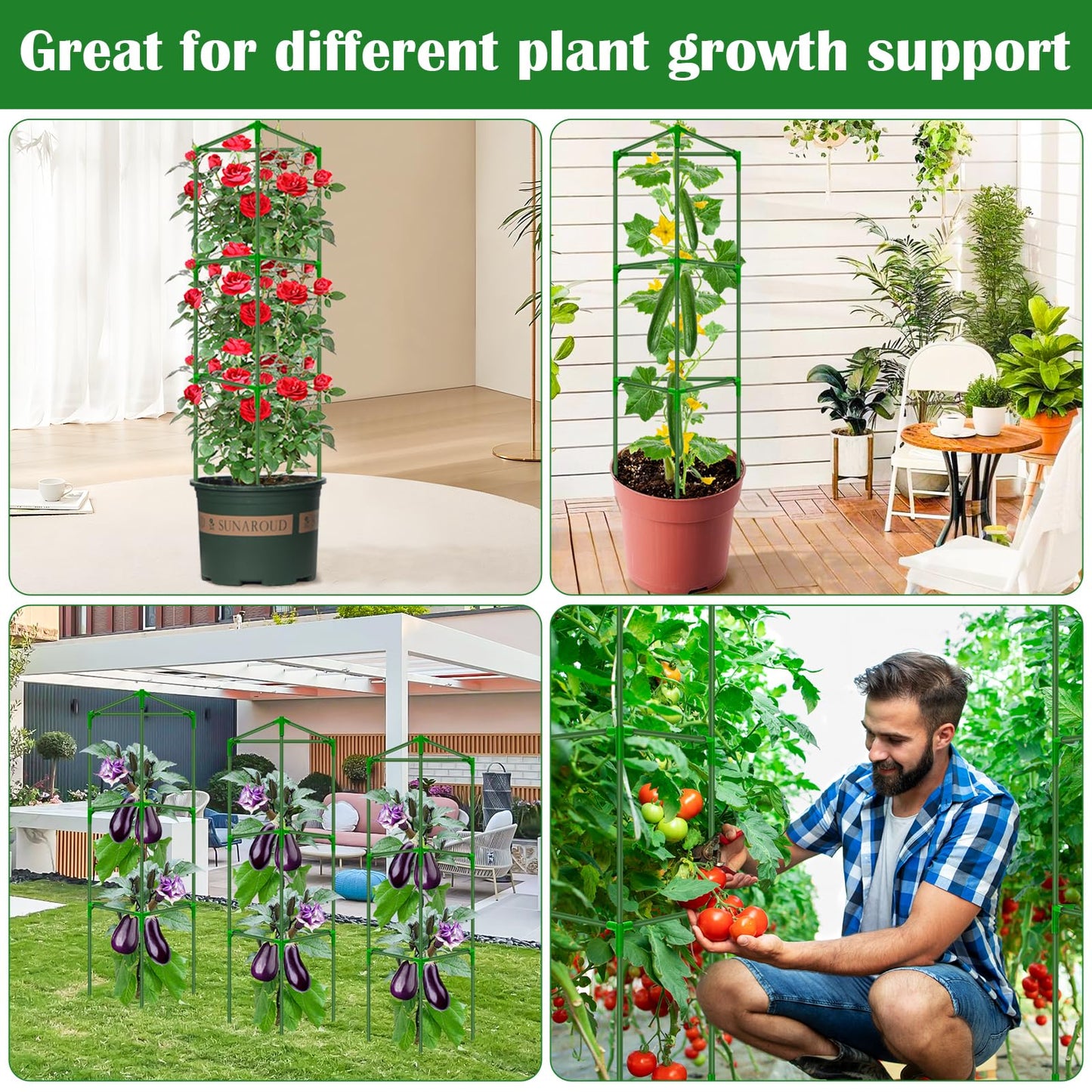6 Packs Fiberglass Tomato Cages for Garden, 56 Inch Tall Tomato Plant Support, Adjustable Cucumber Stakes Plant Climbing Trellis for Garden Vegetables Fruits, Climbing Bean Support Cages with Clips