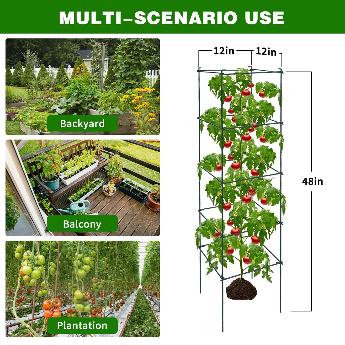 LAKNUAL 6 Packs Tomato Cages for Garden, 12"×12"×48" Plant Support Cage with Different Spacing, Green Metal Trellis for Climbing Plants Like Cucumber, Flowers