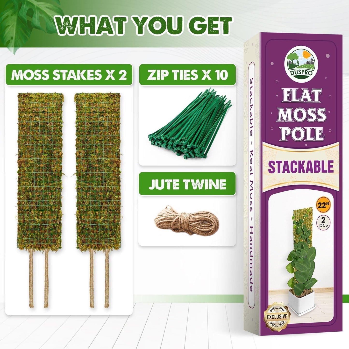DUSPRO Flat Mesh Moss Poles for Climbing Plants Monstera Stackable Moss Pole for Plants with Real Moss Moss Plant Pole for Potted Plants Handmade Moss Stick for Indoor Plants Grow Upward 2 Pack 22ā