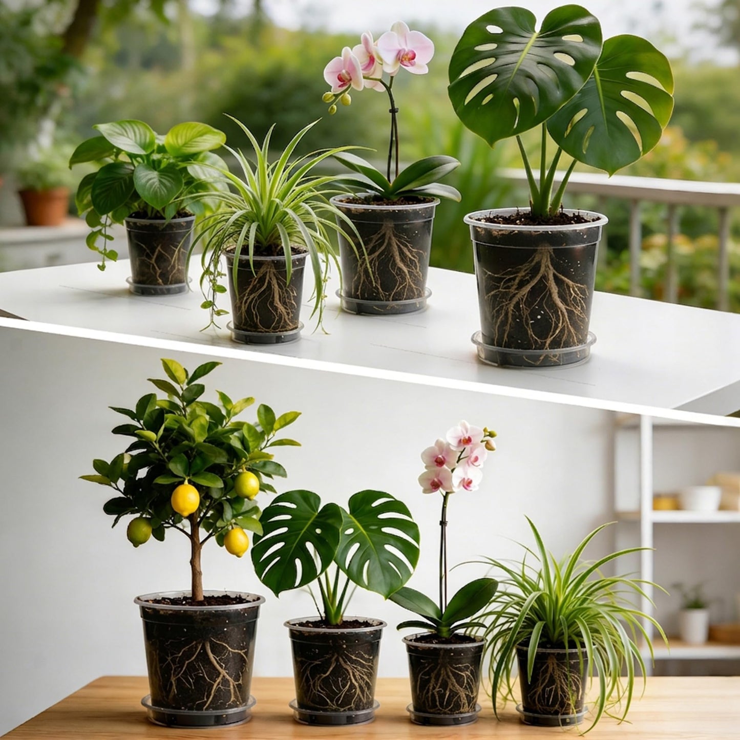 BTPLASTIK 3 Gallon Clear Nursery Pots with Saucers 5P, 10 Inch Round Plastic Plant Pots with Drainage Holes