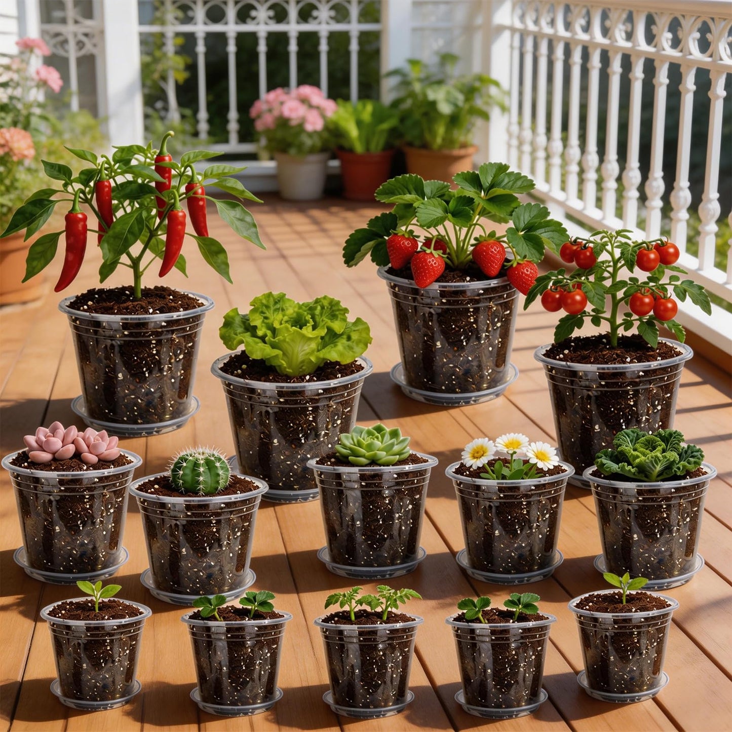 Clear Nursery Pots with Saucers 24 Pack, 4/5/6/7 Inch Plastic Plant Pots, for Indoor Outdoor Succulents Orchids Seedlings, Flower Containers with Drainage Holes and Tray, Small Garden Planters
